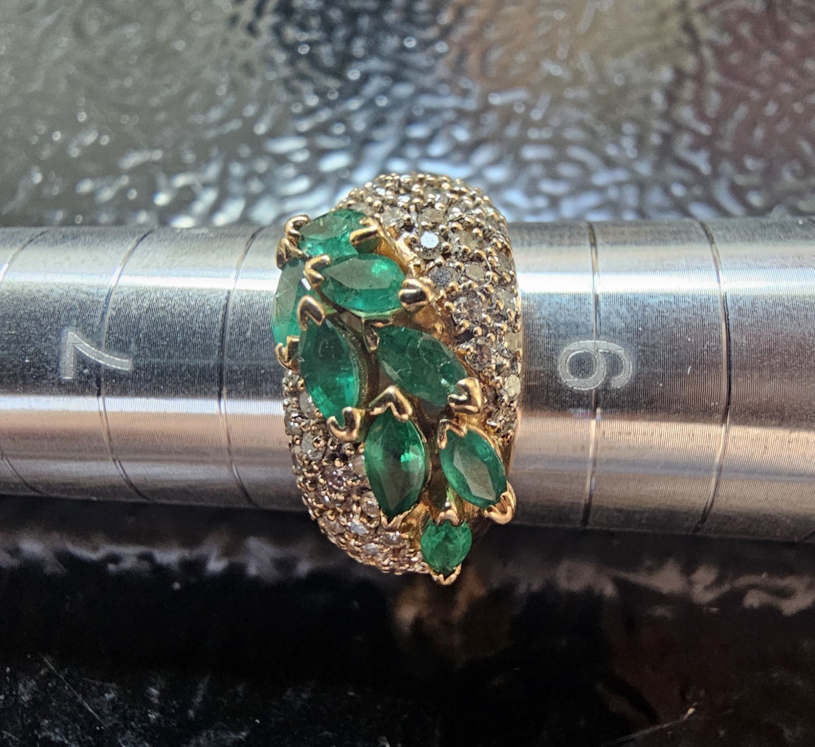14K Gold Emerald & Diamond Ring BH Hallmark Effy Era Marquise Cluster
