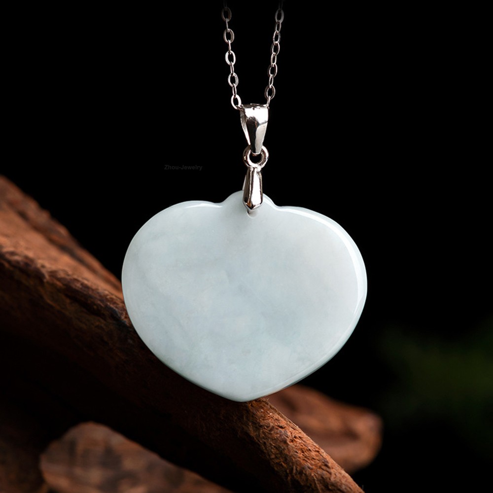 Natural Jadeite Grade A Jade Heart-Shaped Buddha Pendant with 925 Silver Clasp