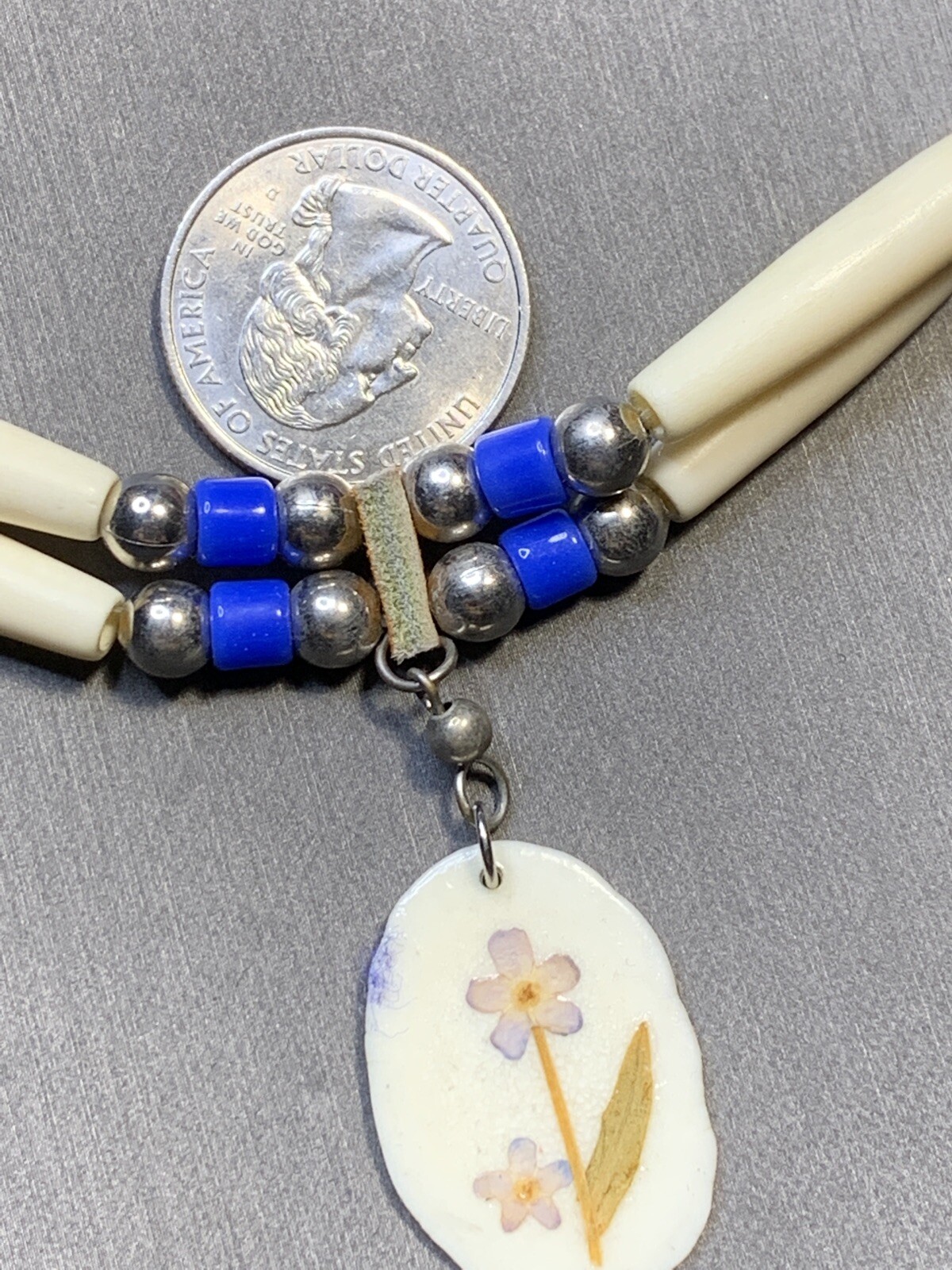 Signed DS Native American Blue Leather beaded tie on choker necklace