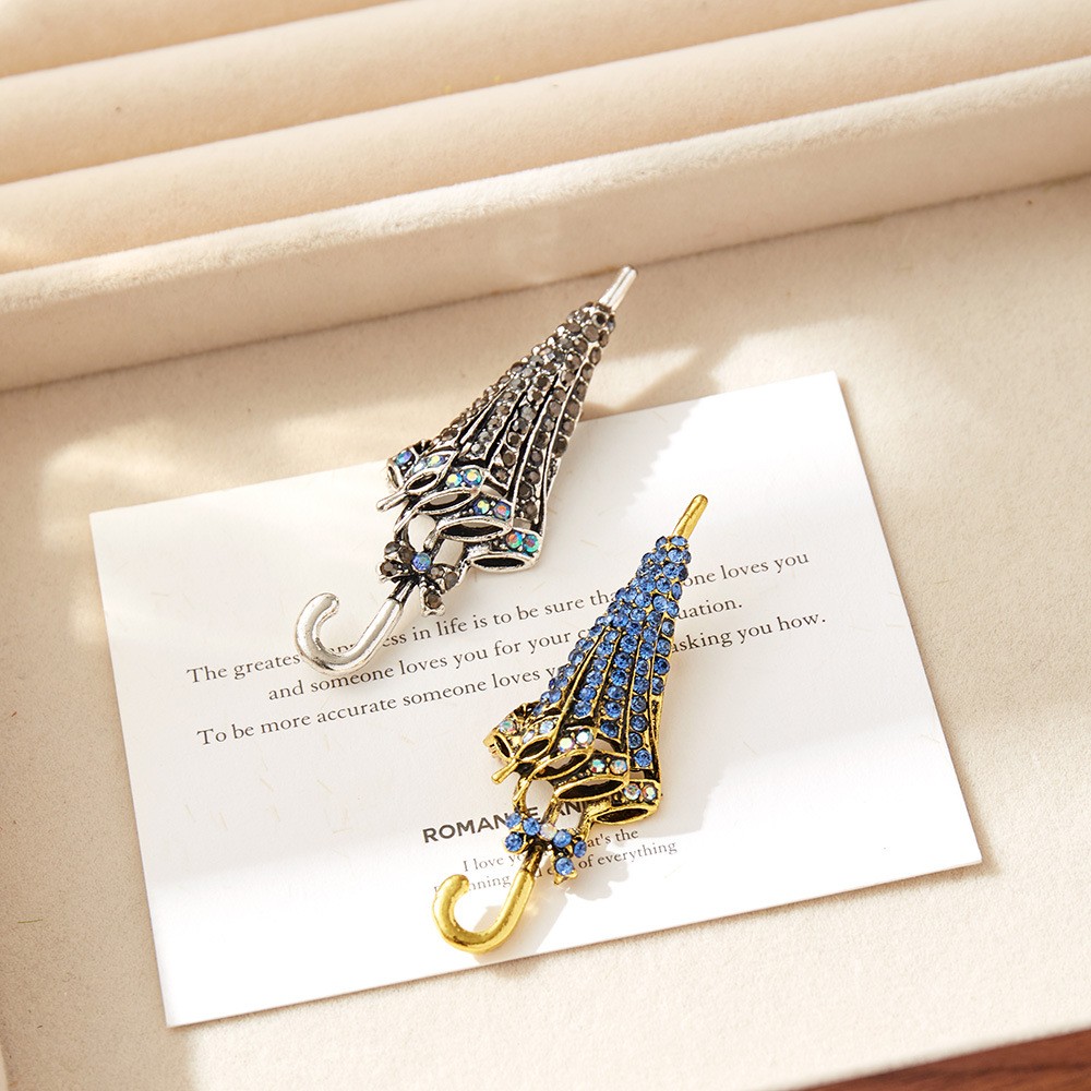 2Pcs Vintage-style Elegant Bow Umbrella Brooches, Adorned with Rhinestones