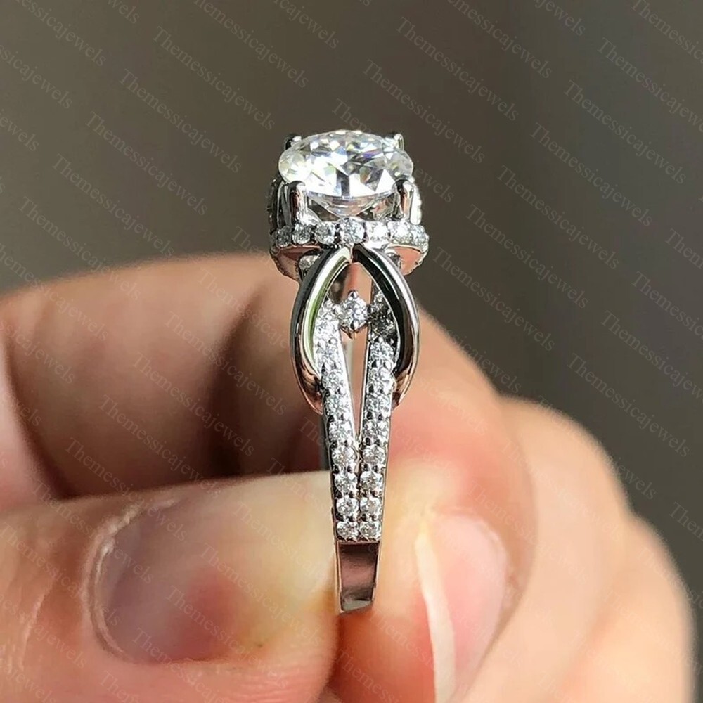 2.16 TCW Round Cut Moissanite Unique Engagement Ring 14K White Gold Plated