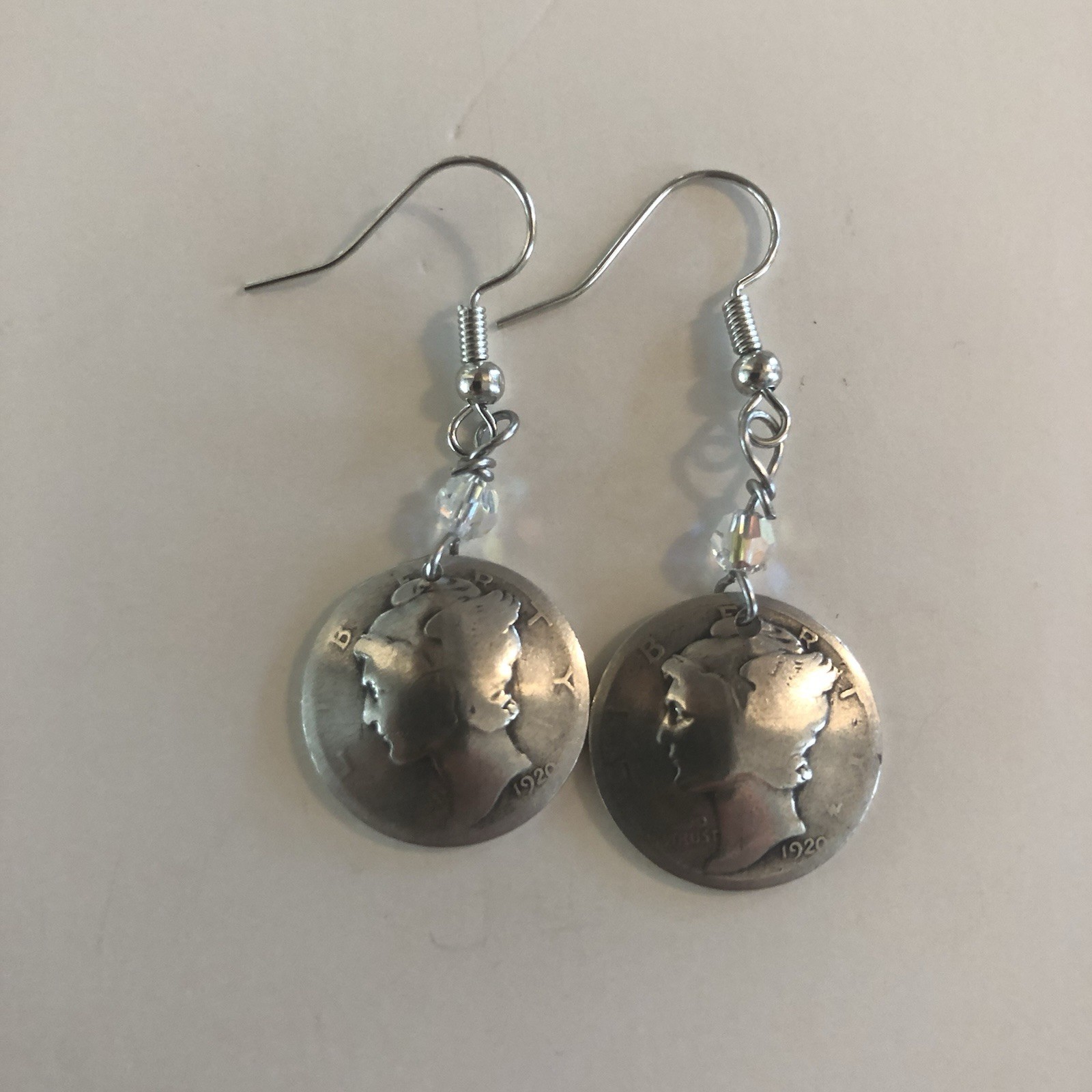 1pair Mercury Dime & Birthstone Crystal Earrings, Color Varies, See Description