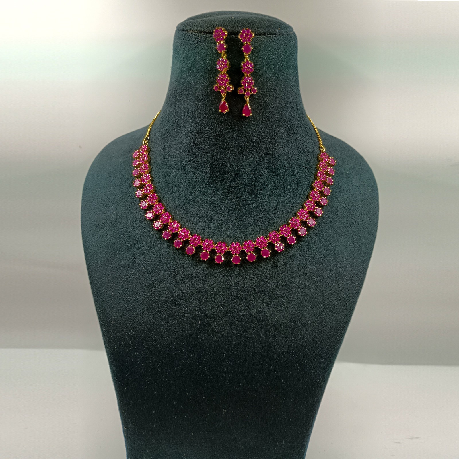 Indian 22k Gold Plated Ruby Floral Statement Necklace Set Wedding Jewelry