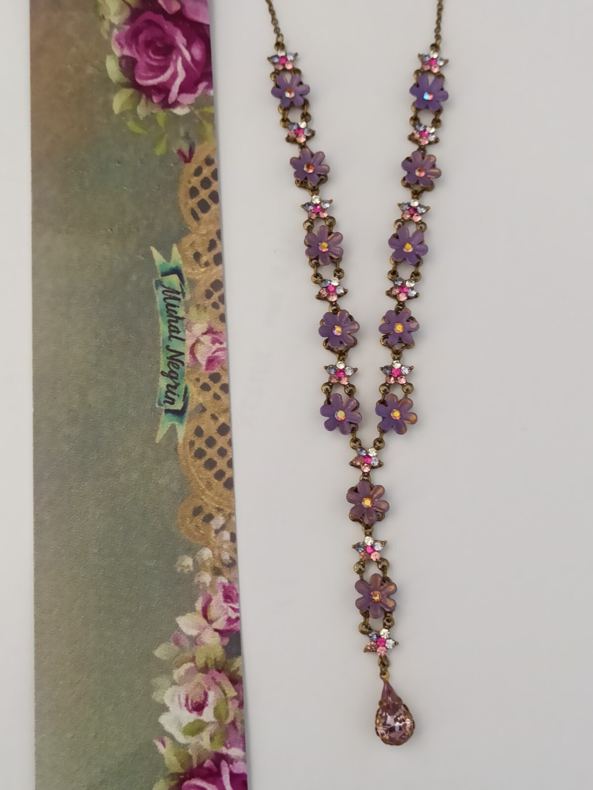 Michal Negrin Necklace Purple Flowers Pink Shades Crystals Cocktail Romantic Box