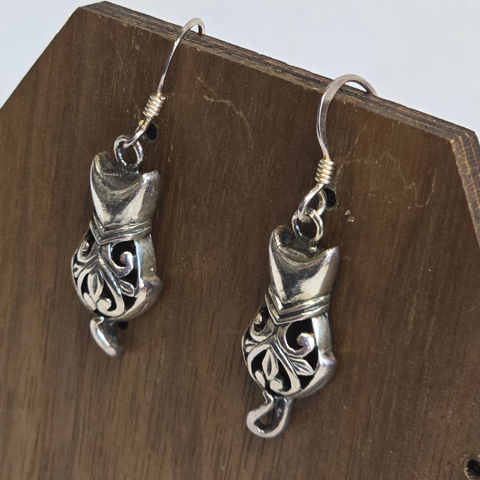 Sterling Silver Earrings 3.94g Fine Jewelry Figural Cat Dangle Hook