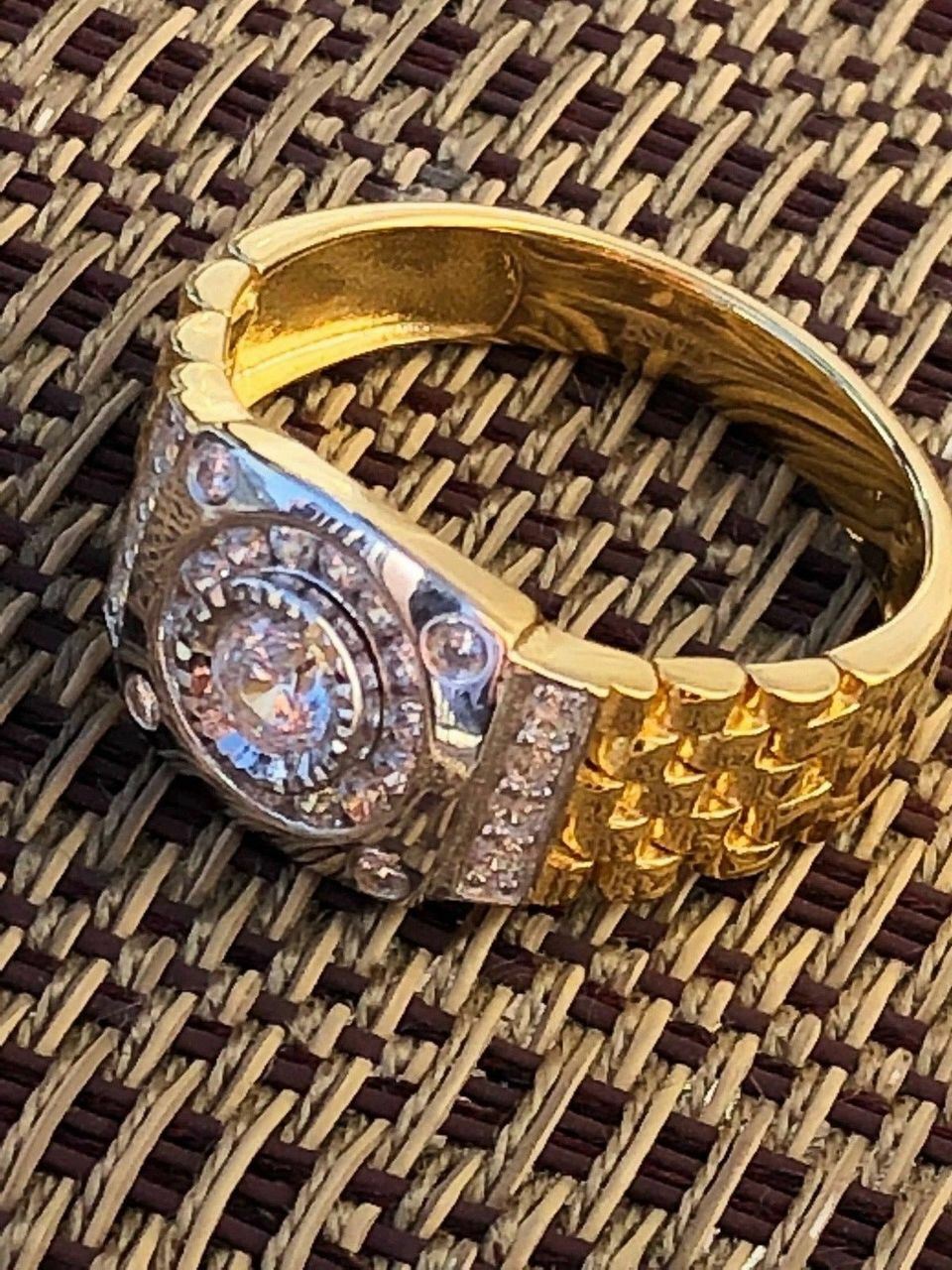 10k Gold Plated Solid 925 Sterling Silver Presidential Watch Band Ring Pinky CZ