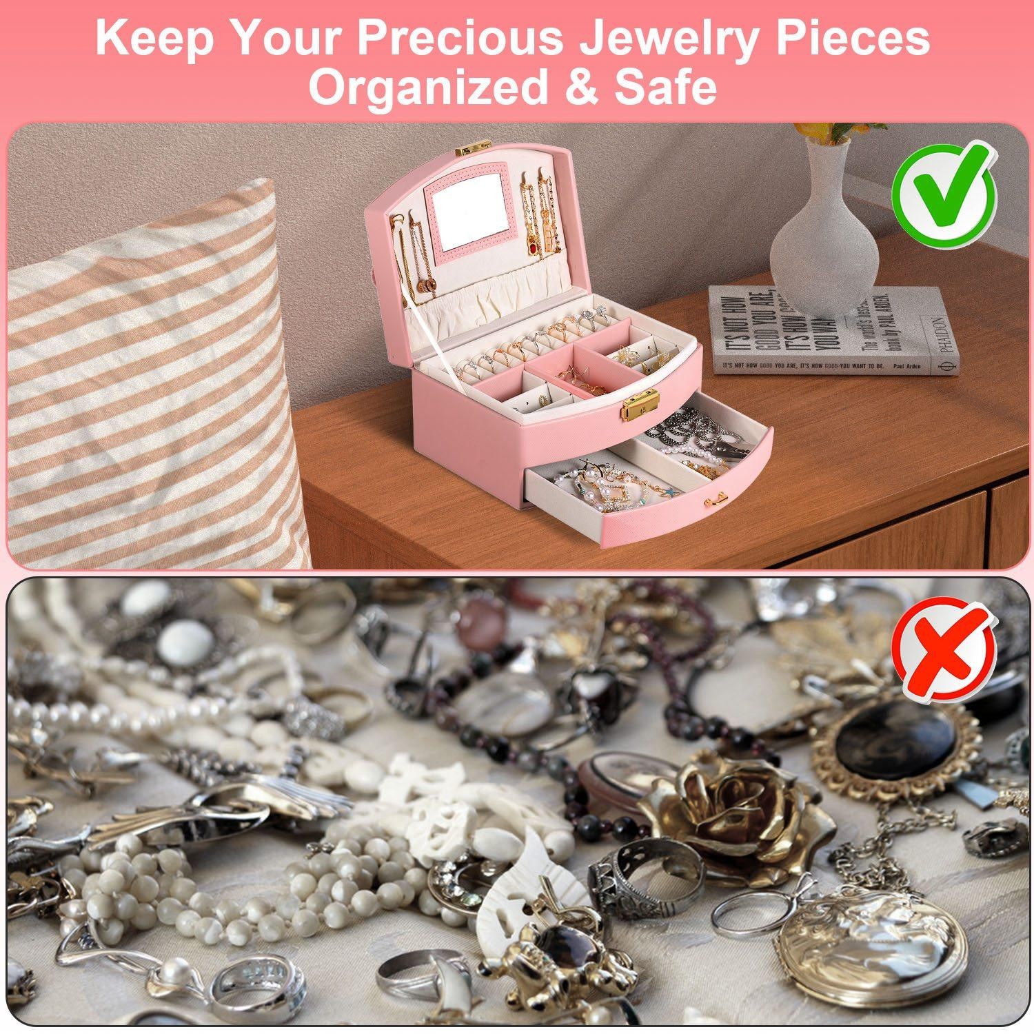 2-Layer Jewelry Box f/ Women Girls Lockable Lear Organizer Travel Case f/ Rings