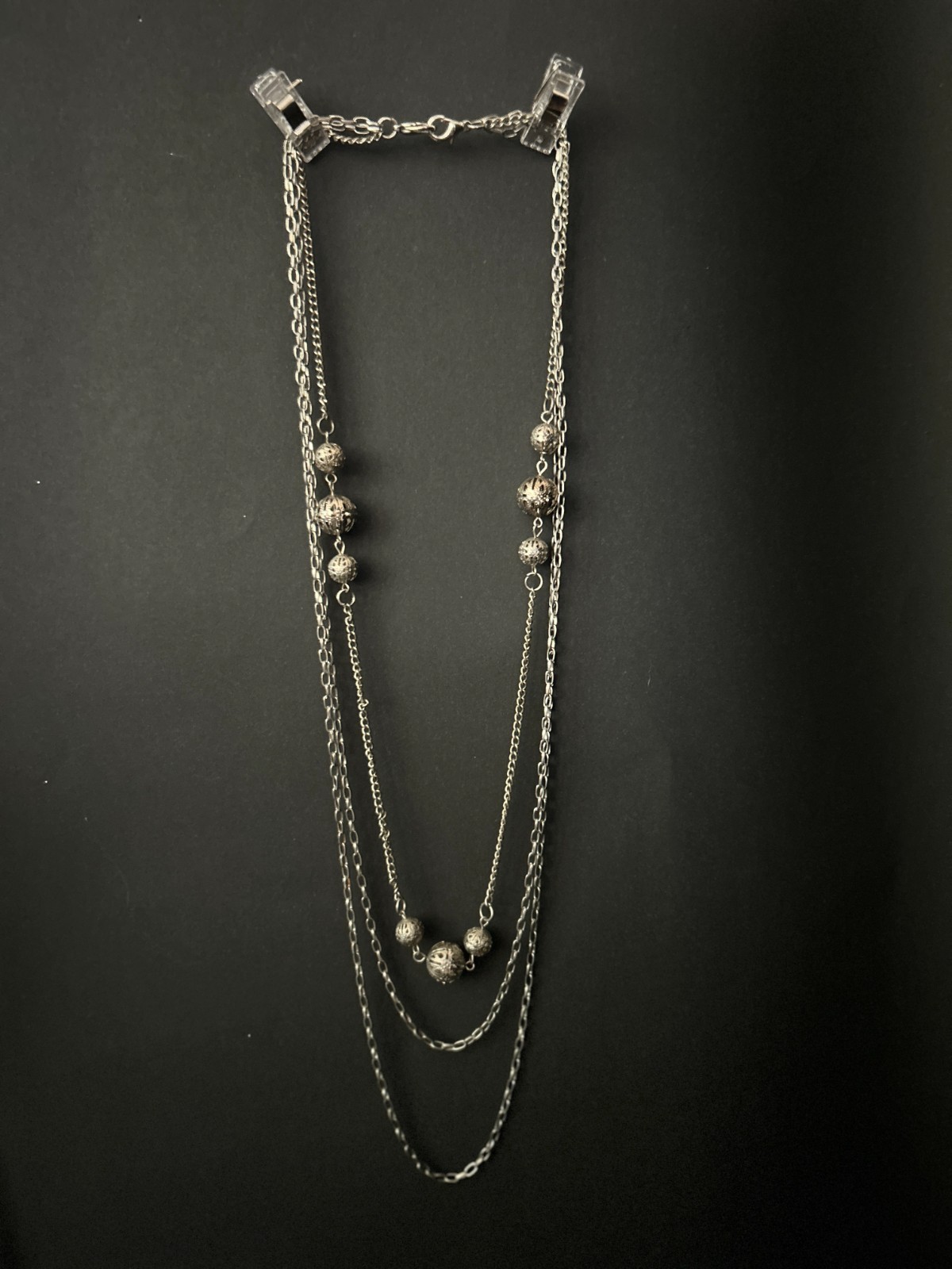 Vintage Silver-Tone 3-Strand Layered Necklace Filigree Ball Bead Accents