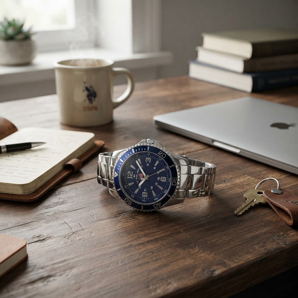 Stylish U.S. Polo Assn. Men’s Stainless Steel Watch | Luminous Blue Dial Design