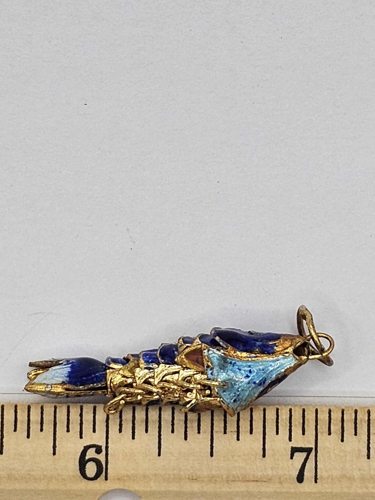 Lovely Vintage Chinese Articulated Blue Koi Fish Charm In Gold Plate & Enamel