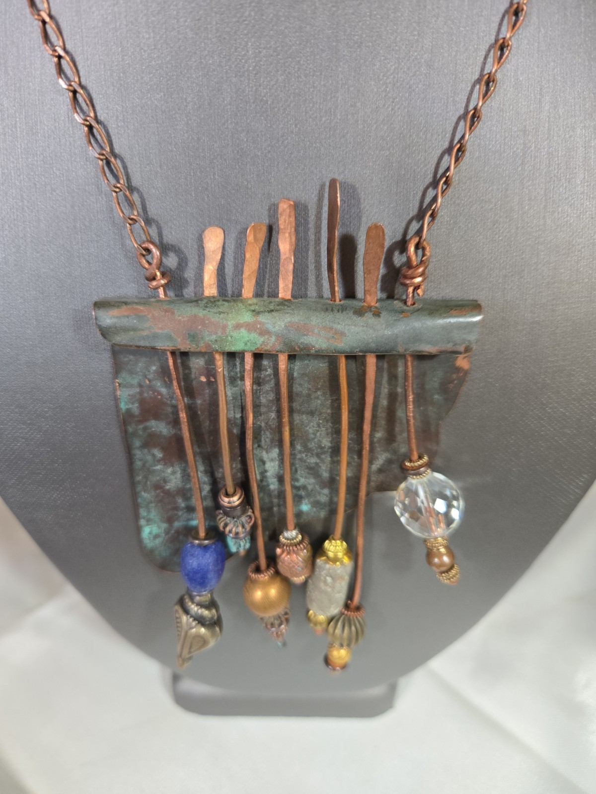 Artisan Made Brutalist Art Deco Necklace Copper Mixed Media Handmade