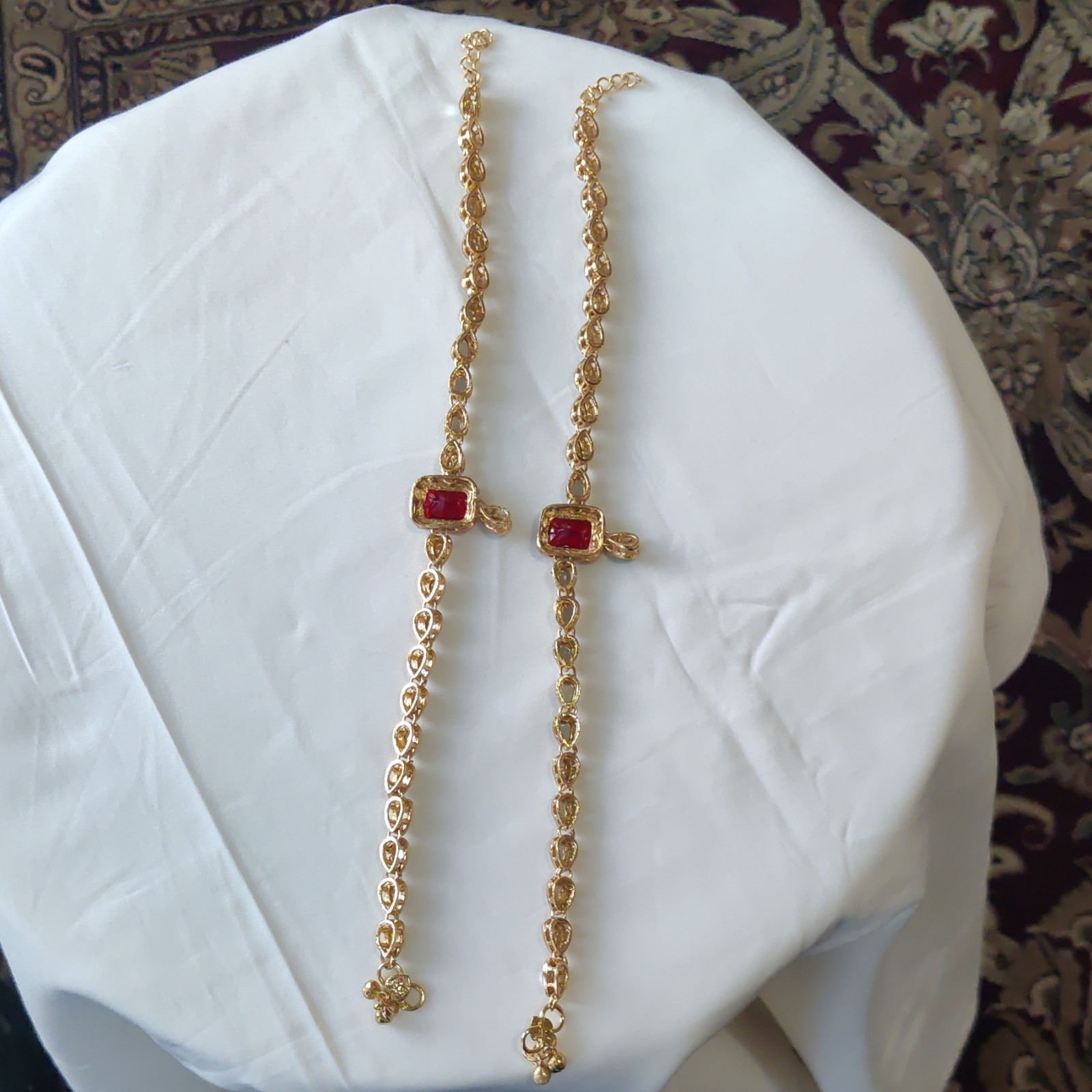 Lot of 2 Gold Tone Chain Charm anklet w/ Red Green & Clear Stones