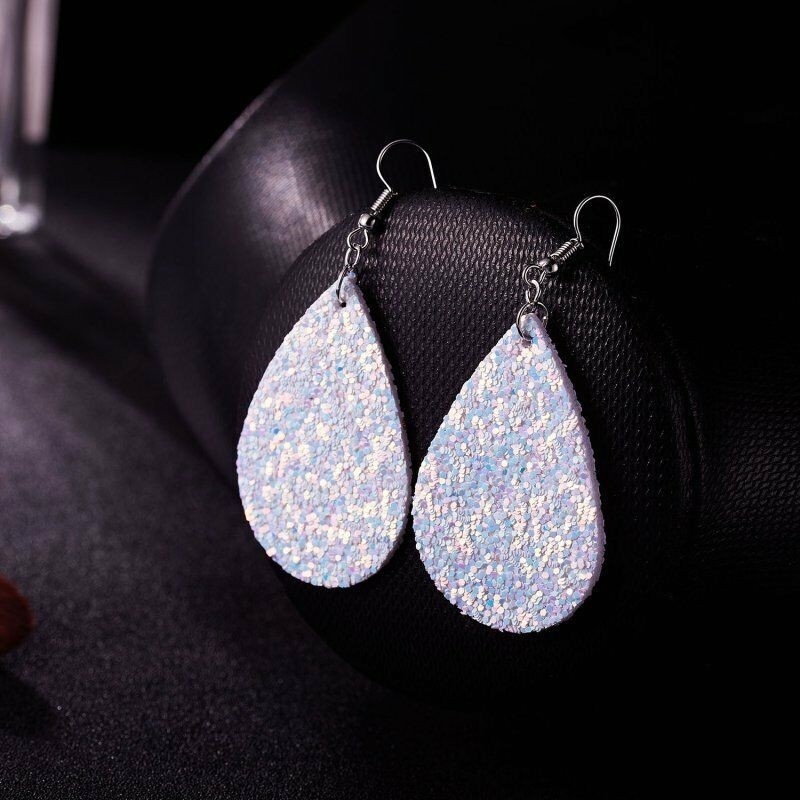 Fashion Jewelry White Glitter Faux Leather Fabric Teardrop Hook Dangle Earrings