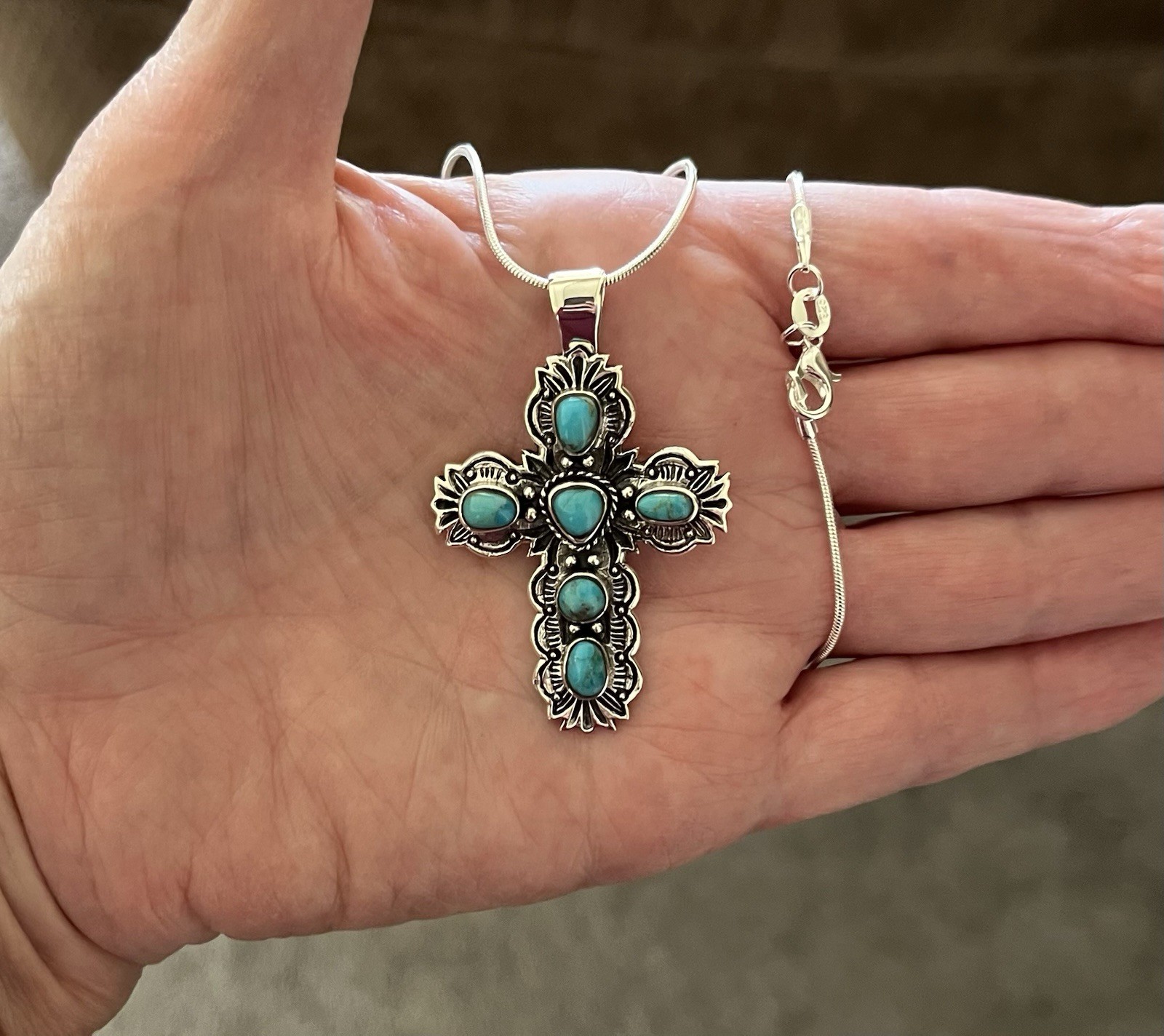 Sterling Silver Genuine Turquoise Cross Pendant & 20” SS Necklace Gorgeous!!🩵⭐️