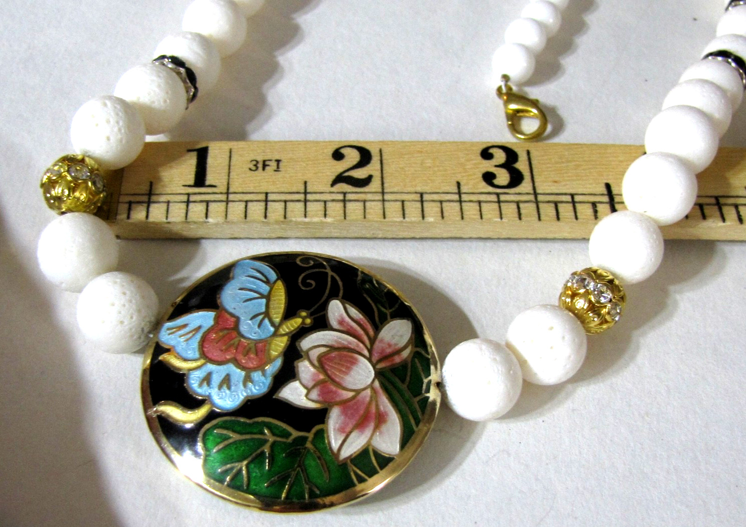 Vintage Cloisonné Butterfly Lotus Pendant Necklace White Sponge Coral Glass Bead