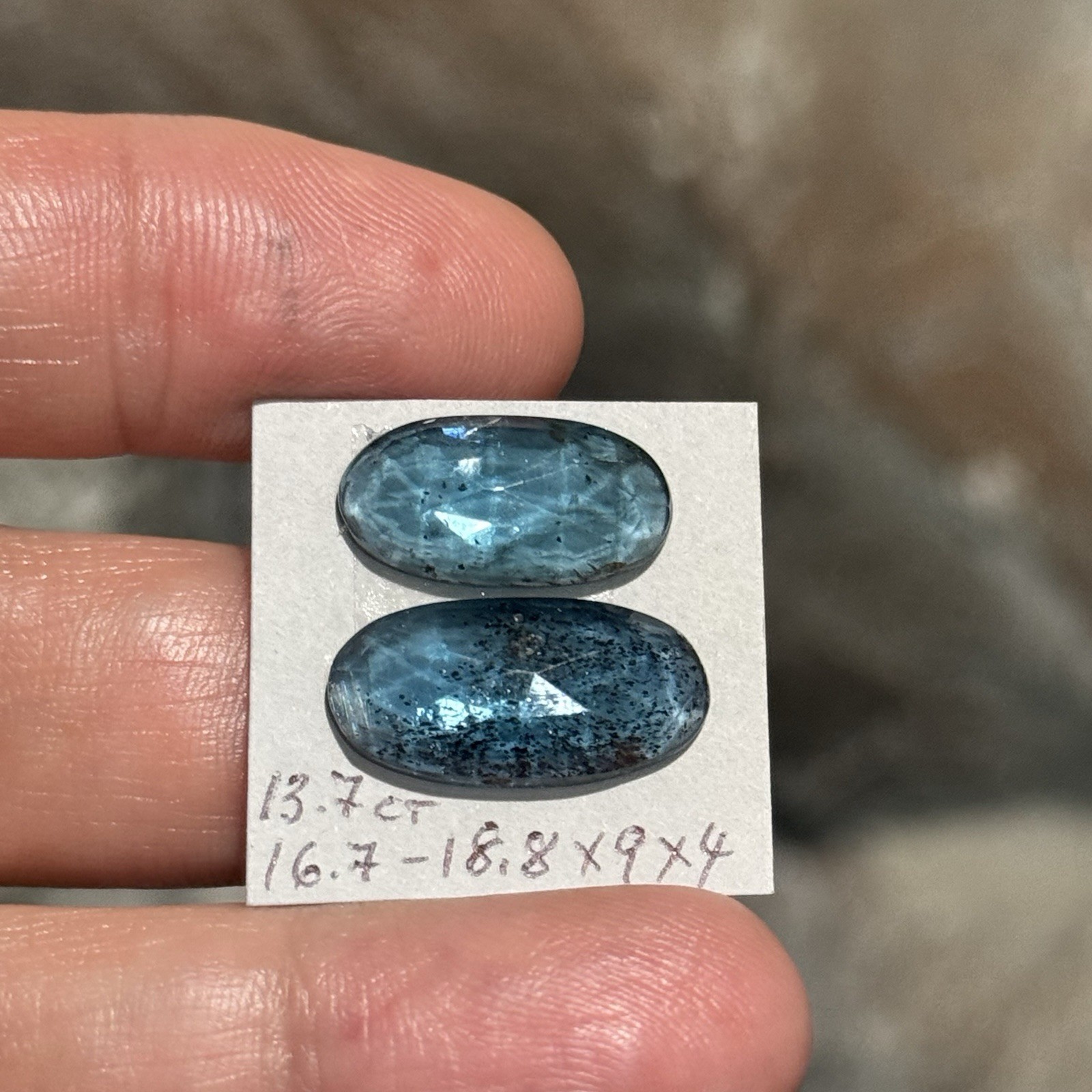 13.7ct 16.7-18.8x9x4mm Pair Teal Blue Faceted Moss Kyanite Oval Cabochon Gems