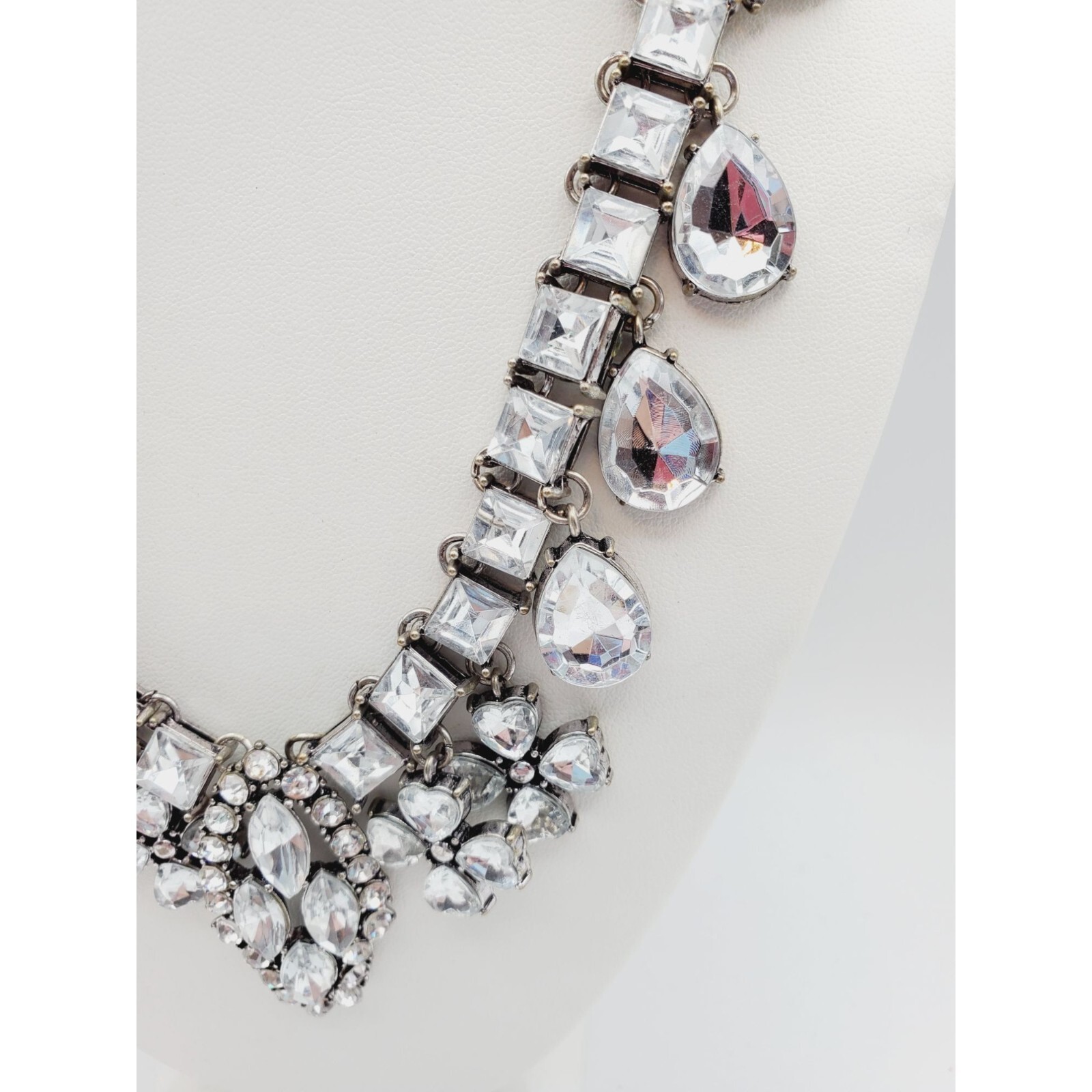 Statement silver tone Rhinestone flower square tear drop pear Necklace 18″