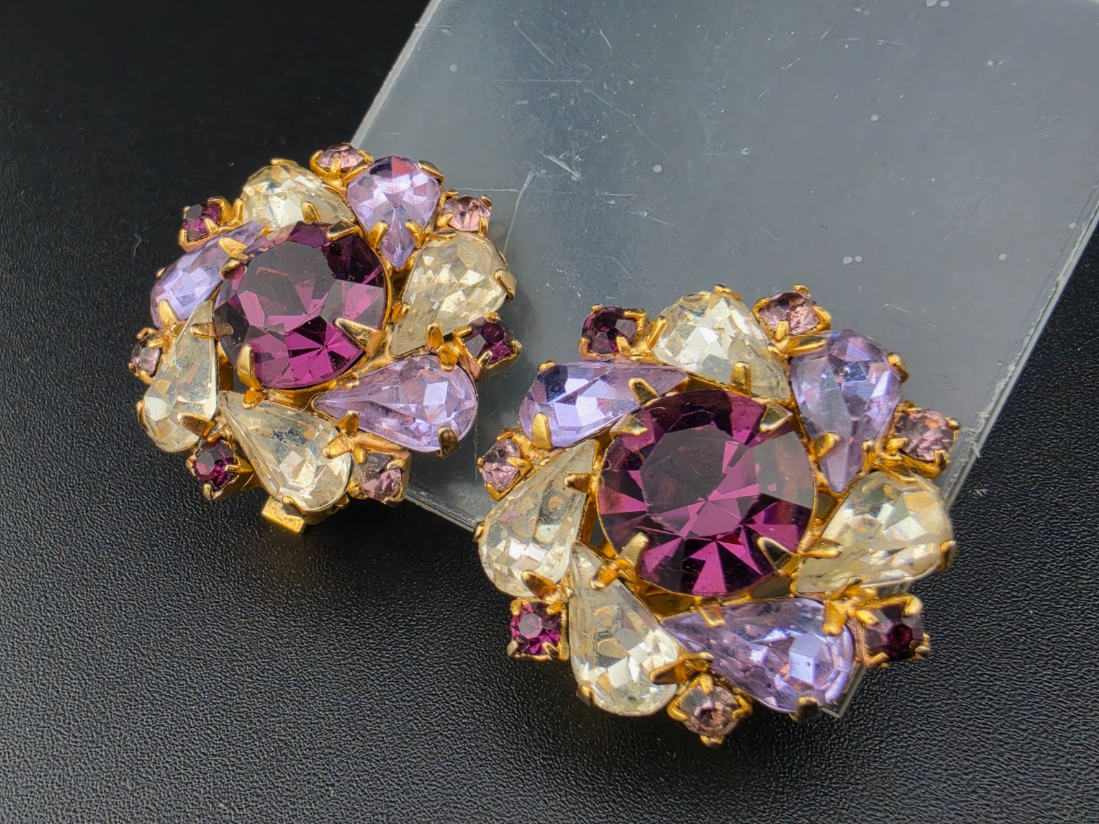 Vintage Signed Hobe’ Purple Blue Yellow Rhinestone Clip Earrings 1 1/8″ Gold Plt