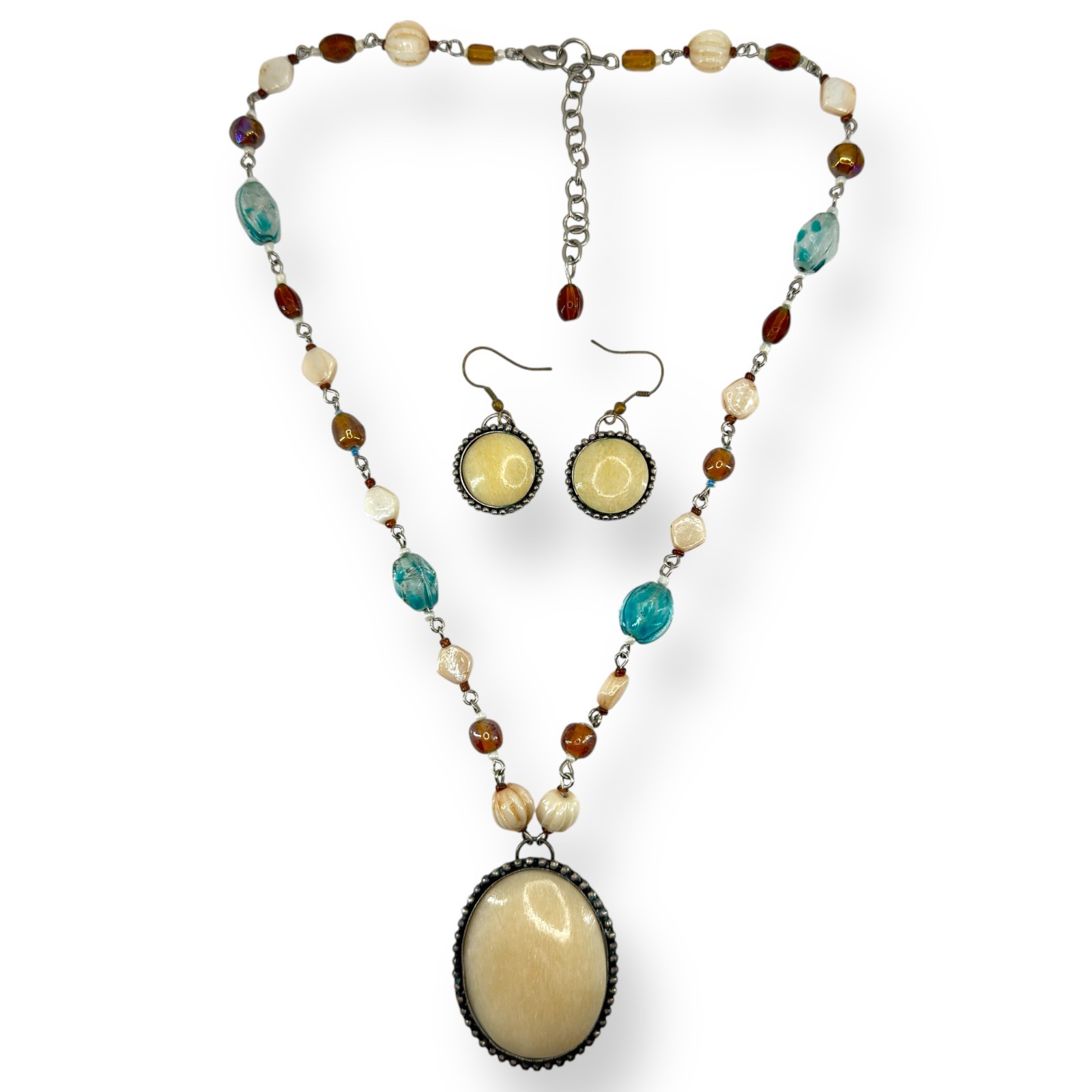 VTG Faux Bone Beaded Gemstone Necklace Earring Set Multicolor Hand Made Pendant