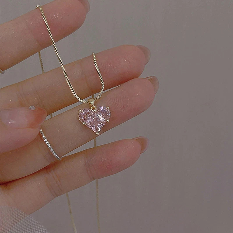 Women’s Fashion Jewelry Gold Pink Rhinestone Heart Pendant Necklace Gift Her USA