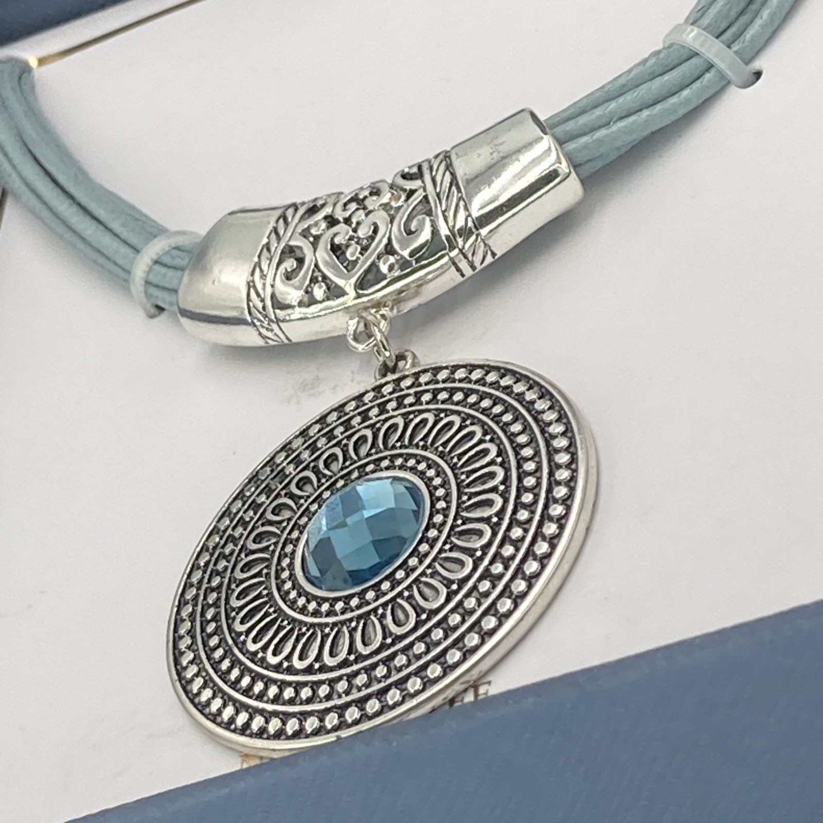 Statement Necklace Silver Tone Medallion Pendant Blue Faux Gem Cord New in Box