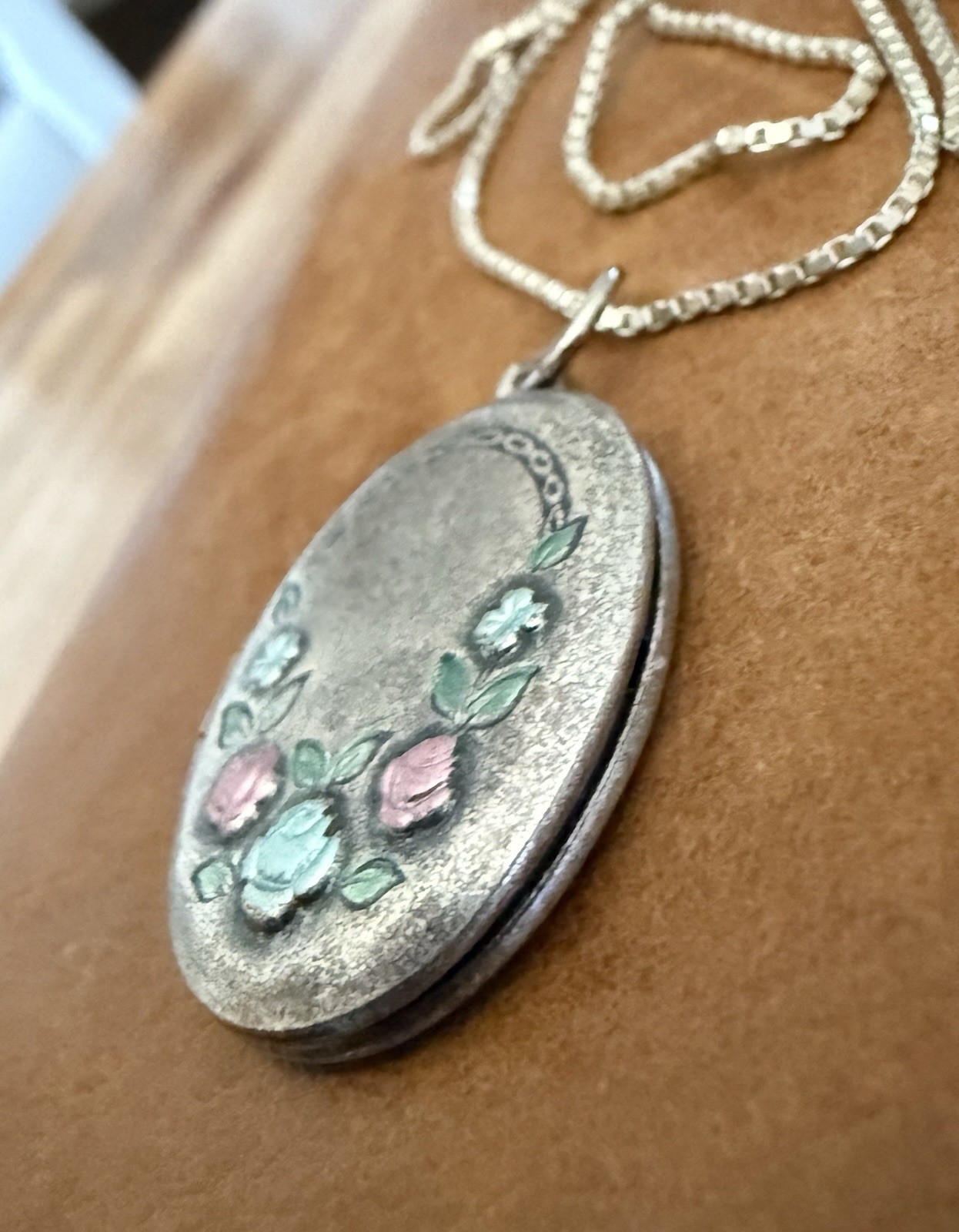 Antique Sterling Silver Enamel Rose Motif Photo Medallion Pendant Necklace 18”in