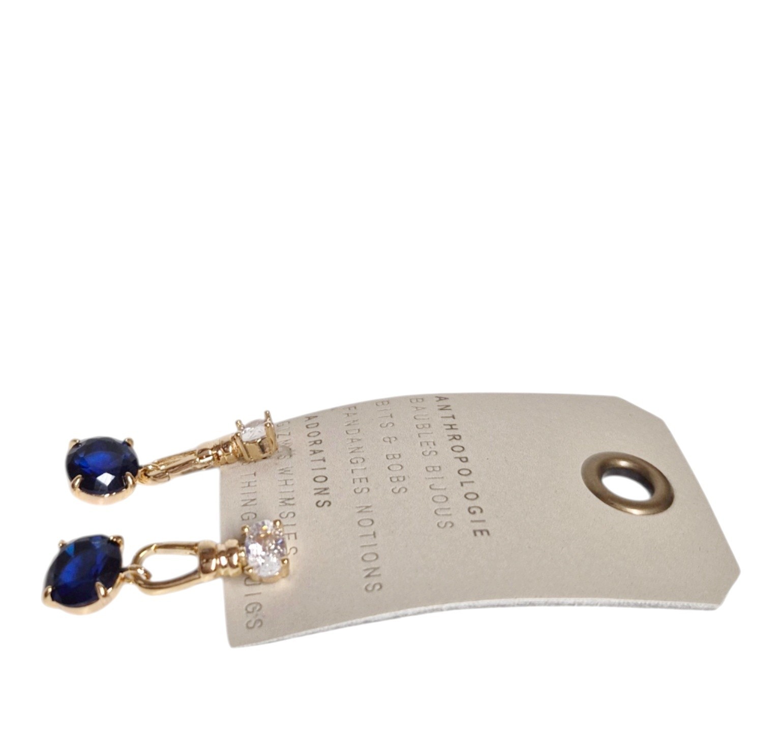Anthropologie Crystal Clasp Drop Earrings Sapphire Blue 14k Gold Plate Brass NWT