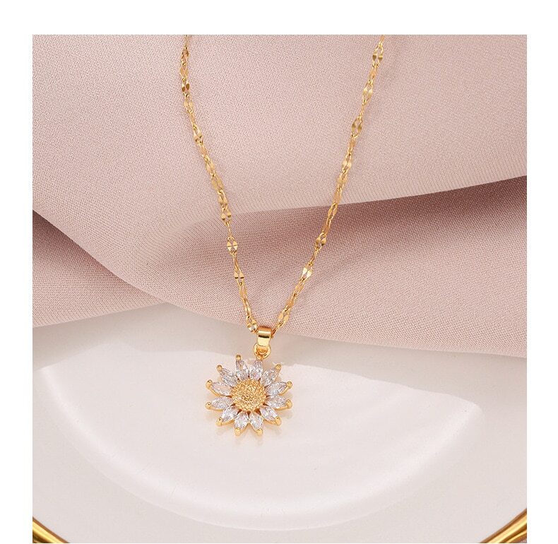 Women’s Fashion Jewelry Gold Cubic Zircon Sunflower Pendant Necklace 1-96