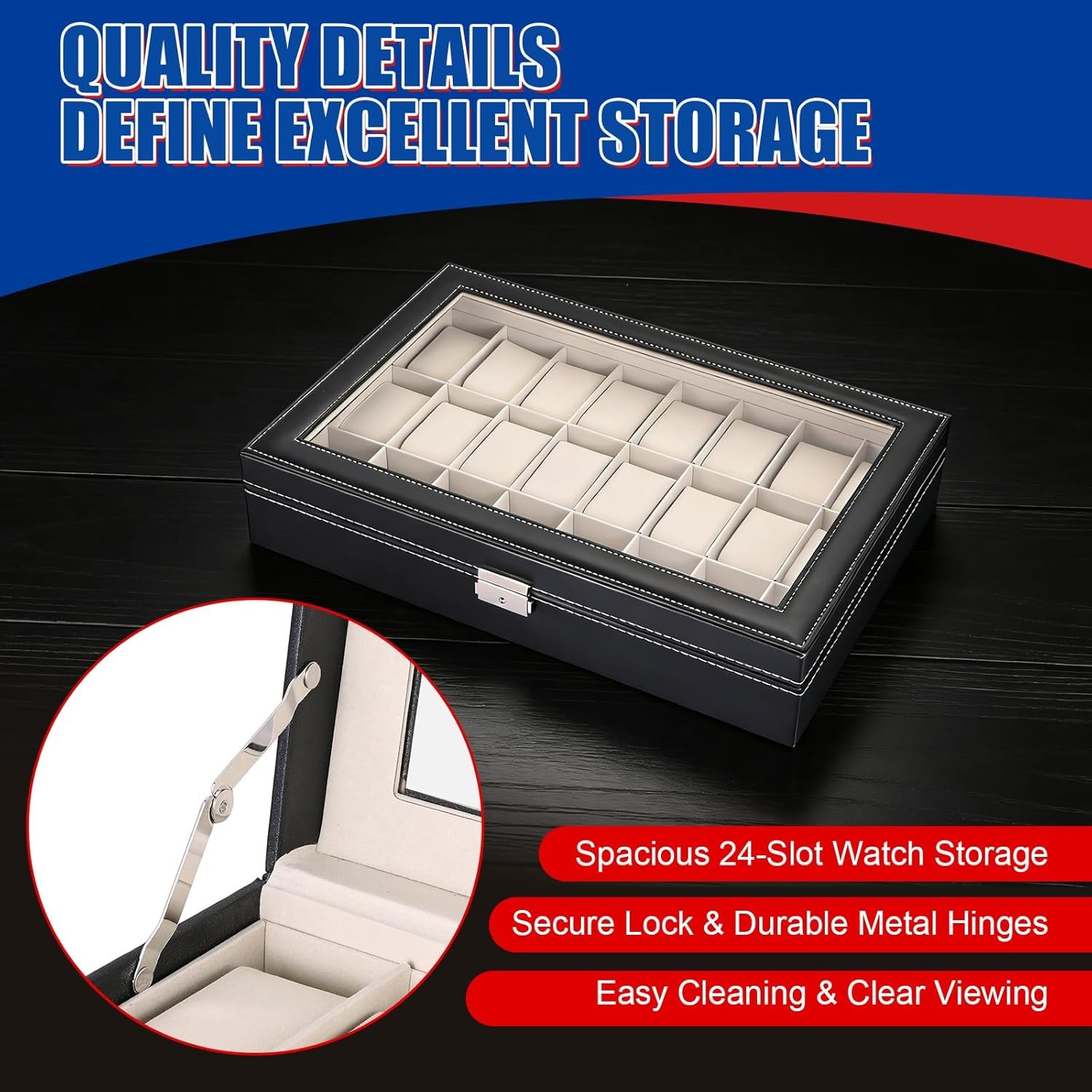 24 Slots Watch Box PU Leather Watch Case Organizer Watch Display Case Lockable !