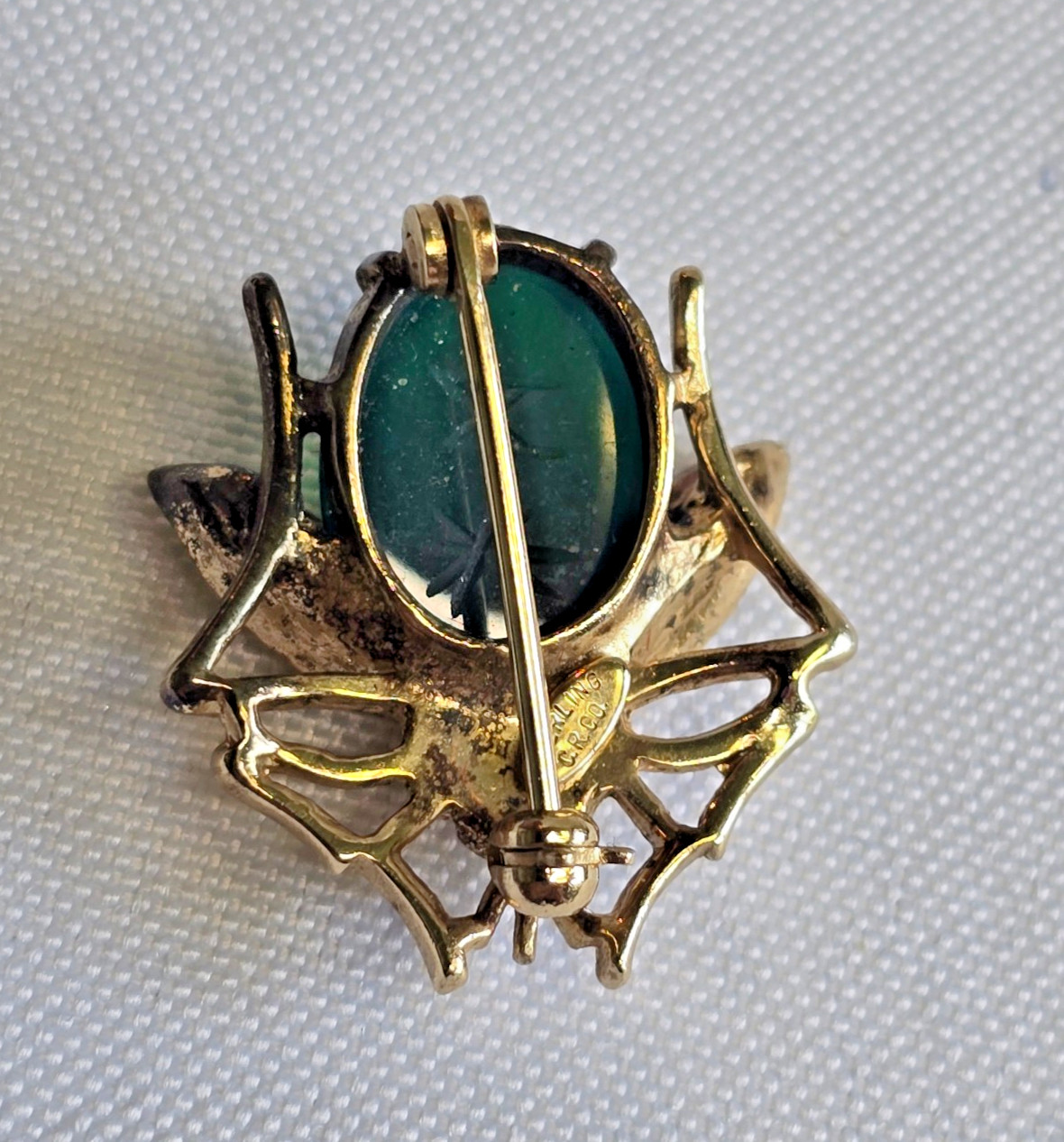 Vtg Sterling Silver Gold Vermeil Brooch 7.69g Fine Jewelry Jade Look Pin *READ*