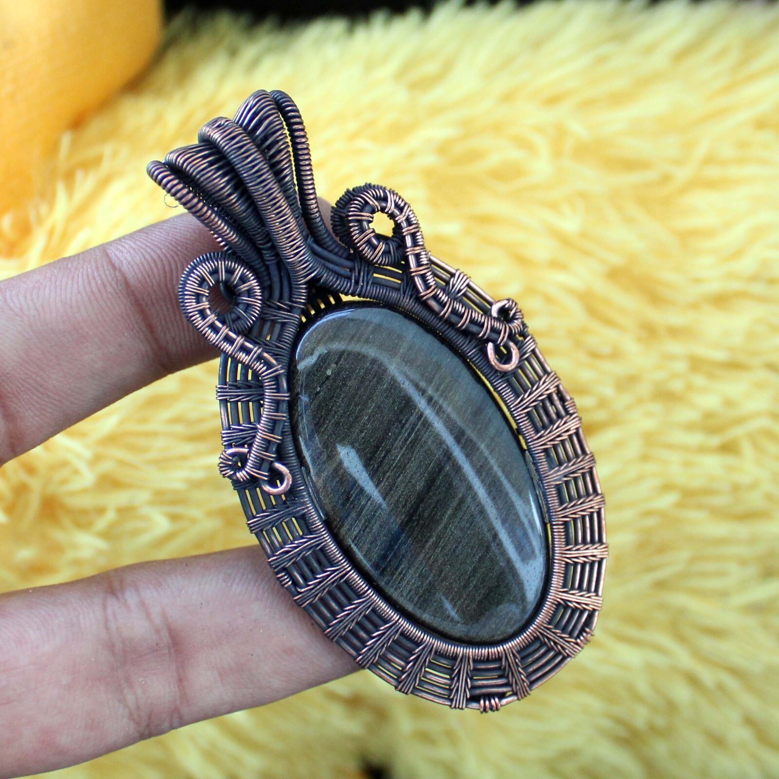 Golden Obsidian Pendant Copper Wire Wrapped Pendant Handmade Wire Wrap Jewelry