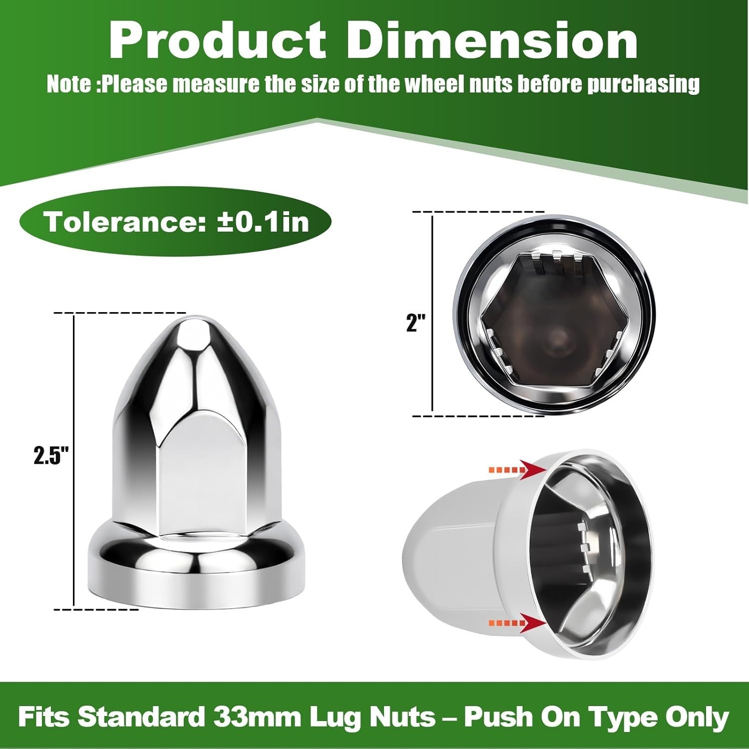 60 Pcs 33mm Stainless Steel Lug Nut Covers for Semi Stainless Steel 2.1″ H