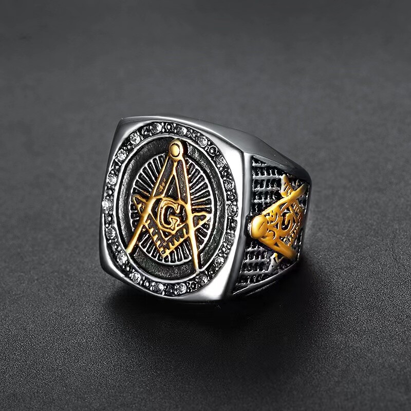 Masonic Ring Freemason Men’s Stainless Steel Crystal Gold Mason G Pillar Cross
