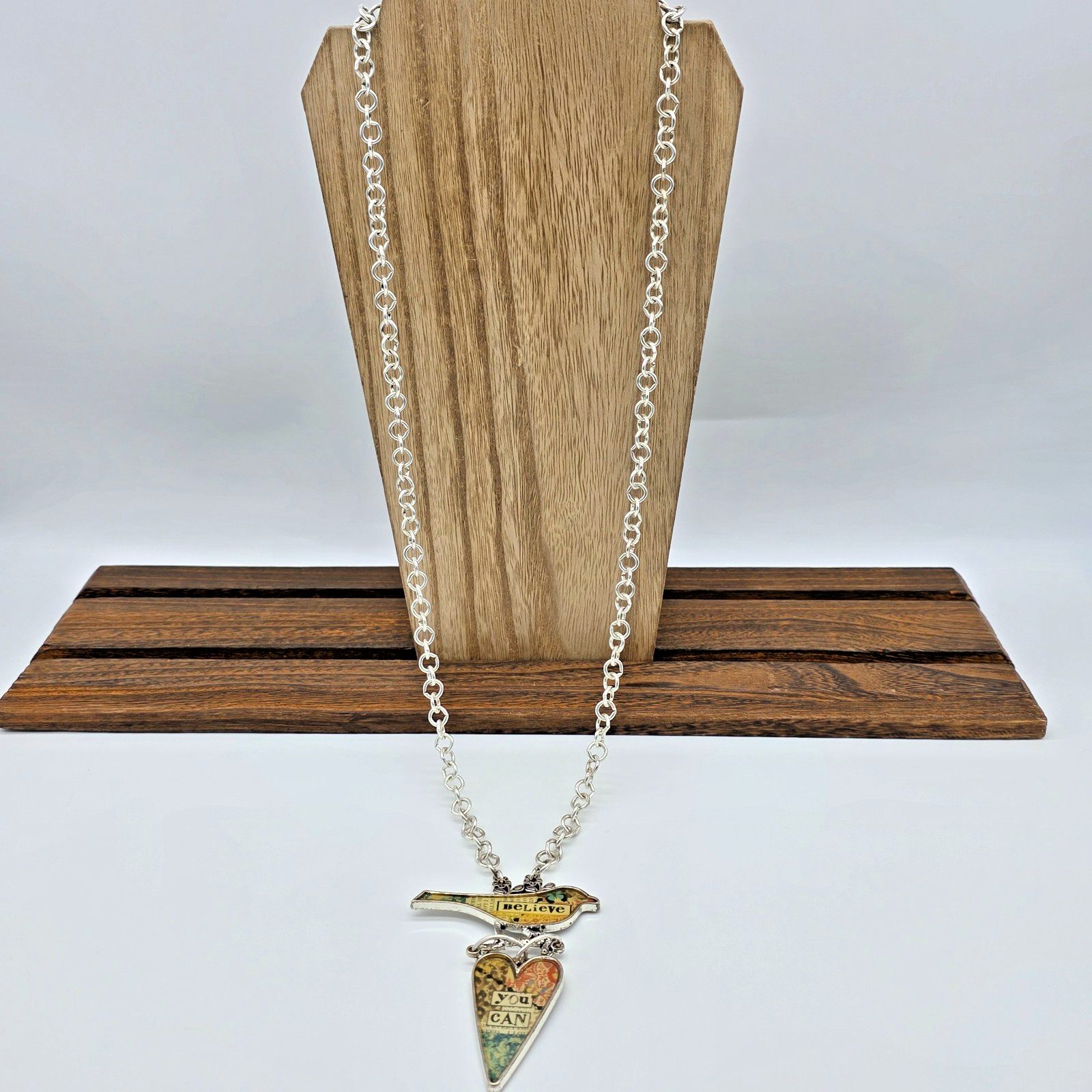 Plunder BELIEVE YOU CAN Silver Bird & Heart Pendant Mixed Media Necklace 30”