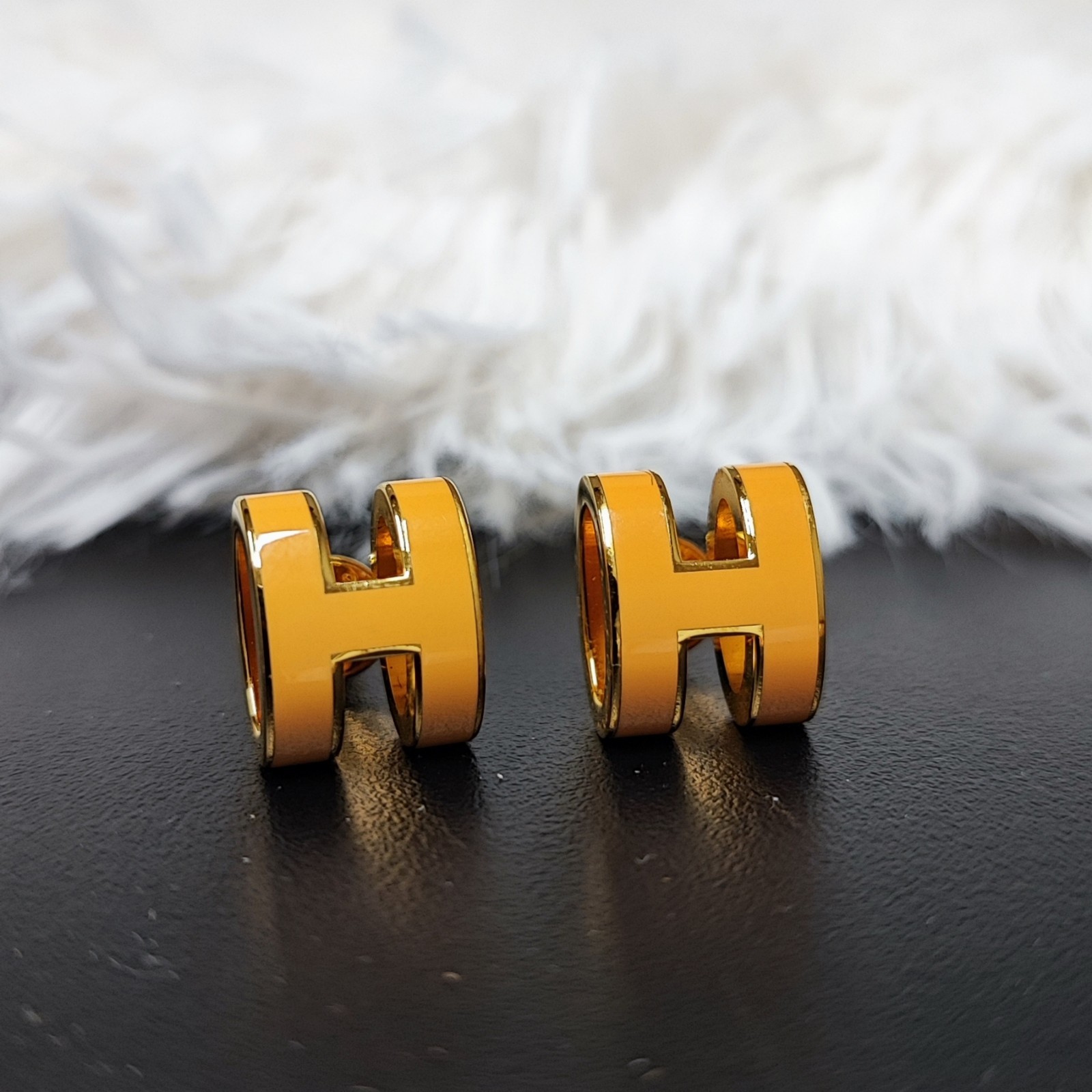 Authentic HERMES Pop H Earrings Orange Gold Tone H Logo Made in France