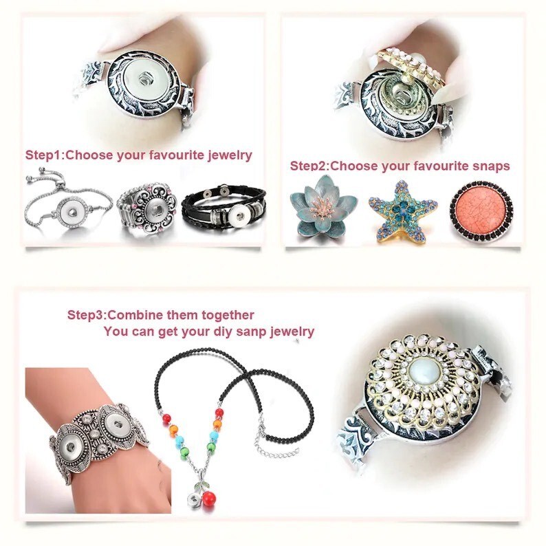 18/20mm Silver Snaps Charm Button Midsize Crystal Star Flower C-14/PRA-2