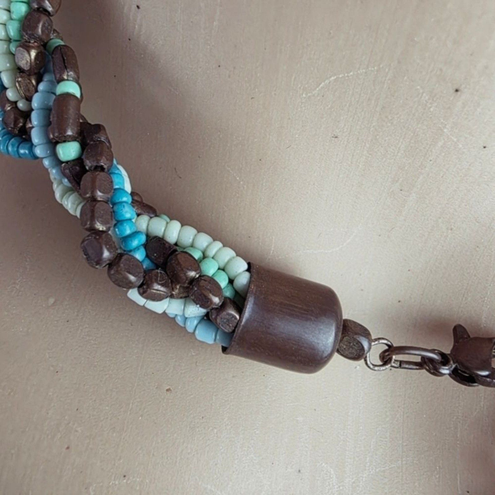 Multicolor Beaded Braided Necklace Boho Layered Blue Turquoise Brown Green Tan