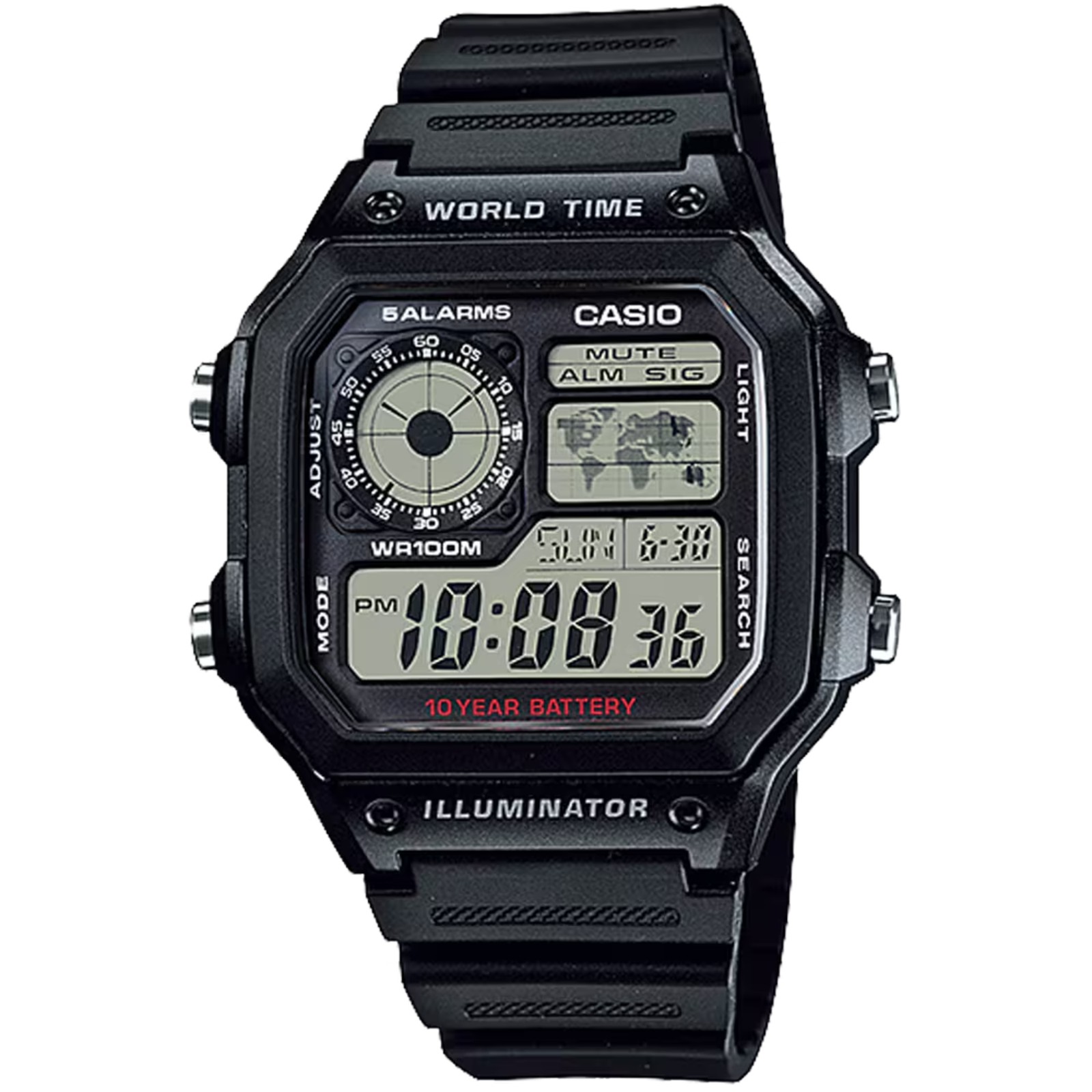 Casio Men’s World Time Digital Resin Strap Watch Black – AE-1200WH-1AVCF