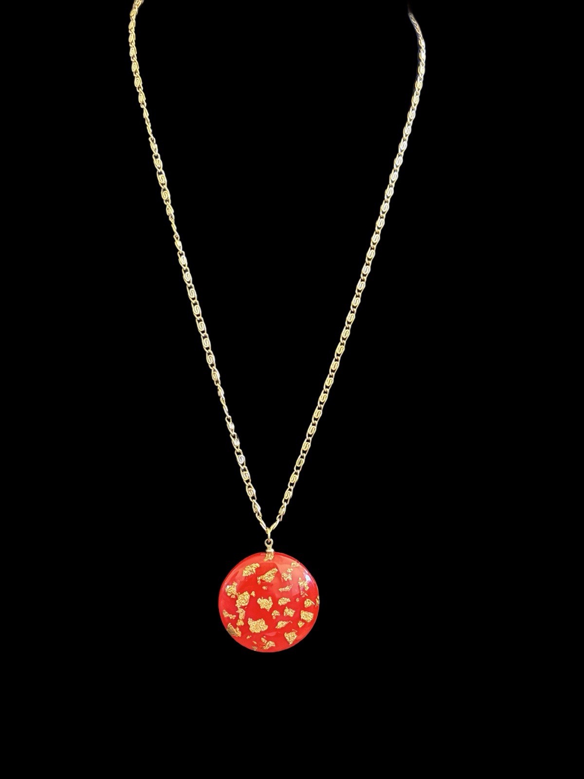 Vintage West Germany Red Resin & Gold Foil Pendant Necklace & Earrings Set~1950s