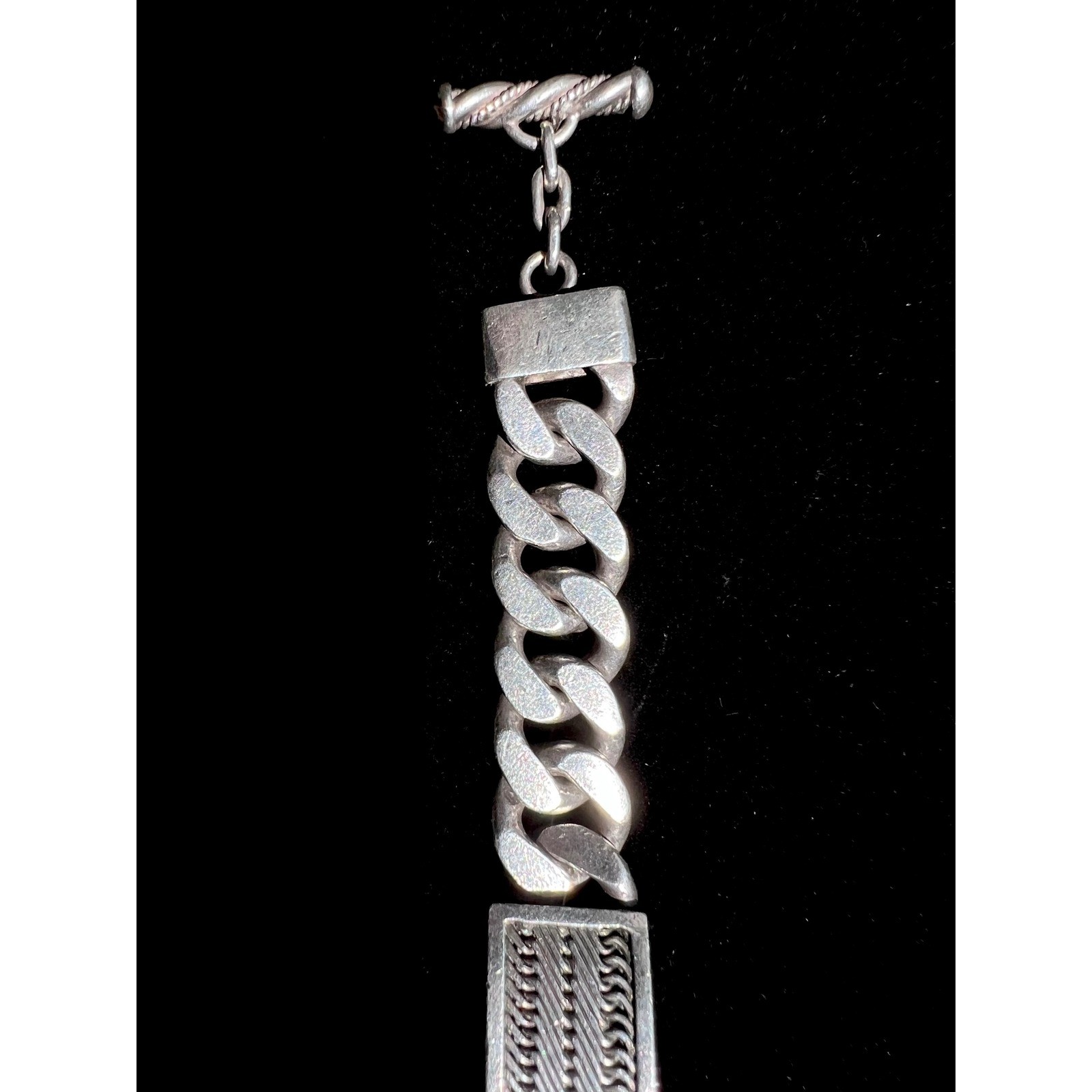 LOIS HILL 7.5″ SS 925 Indonesia Textile Weave ID Plate Men’s Cuban Link Bracelet
