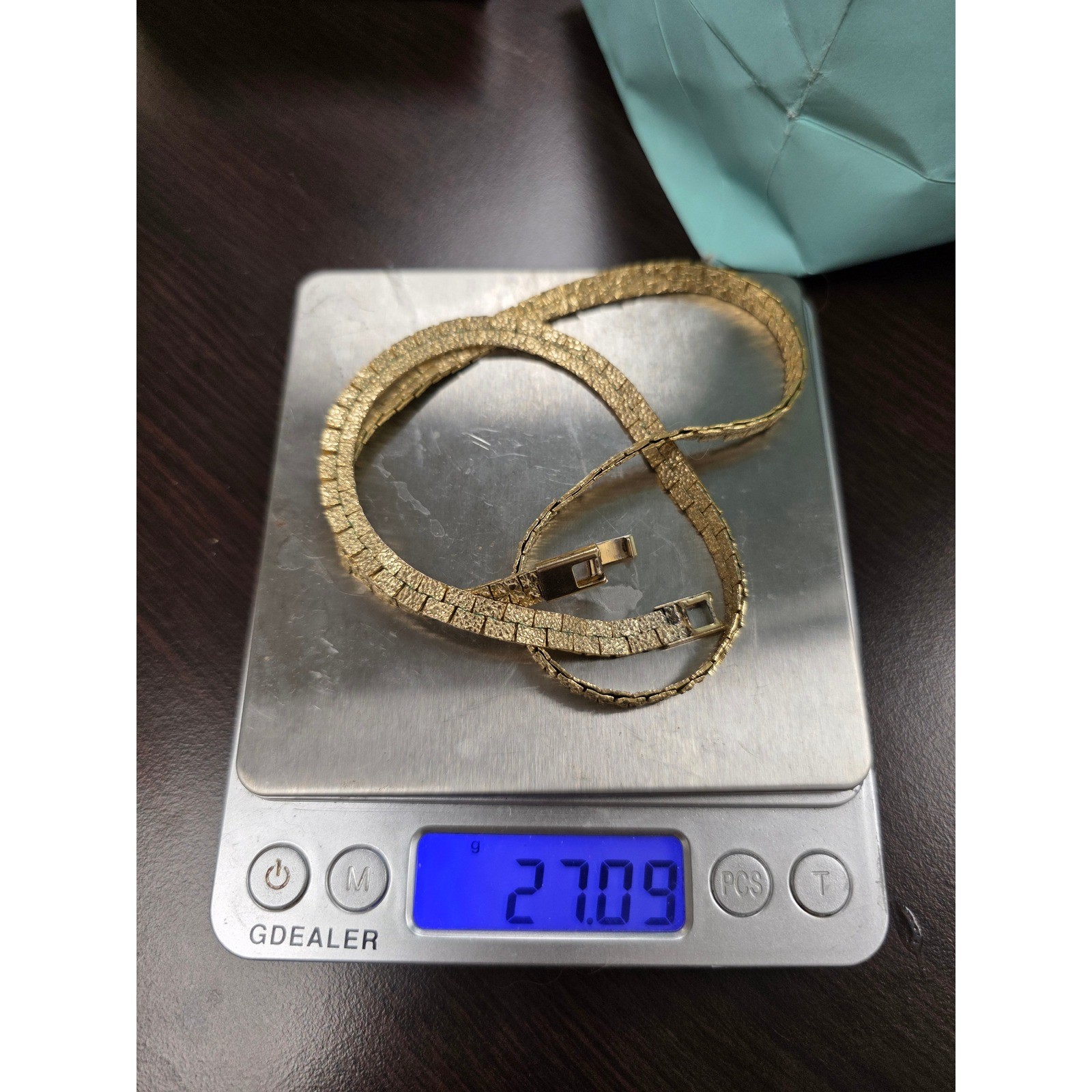 Vintage Gold Tone Nugget Flat Link Chain Necklace Textured Bark Finish 27g