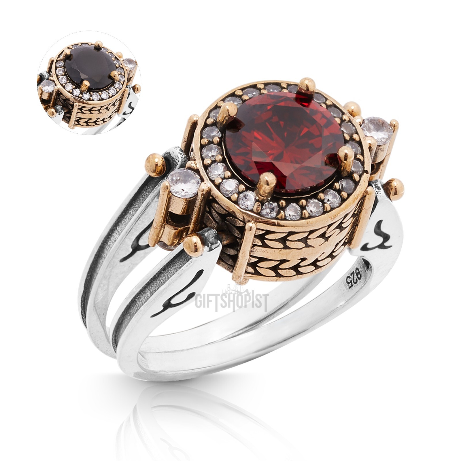 Turkish Reversible Round Red Ruby and Black Onyx Topaz 925 Sterling Silver Ring