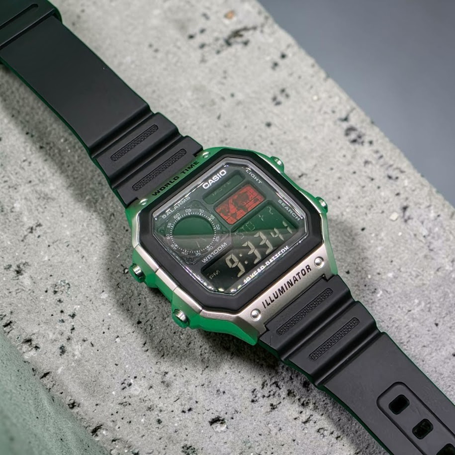 CASIO AE-1200WHD. Royale Watch Mod. Negative Display. RED World Map