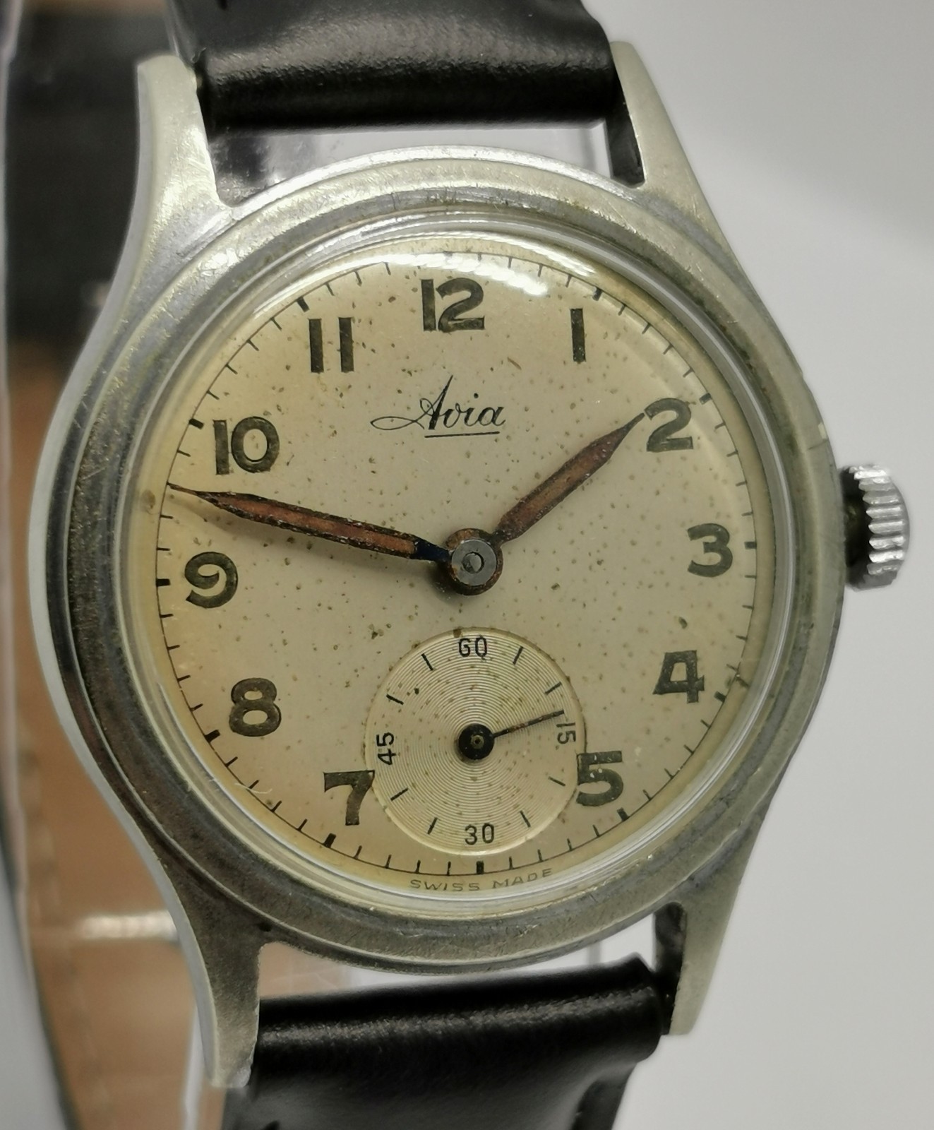 Vtg 1940 Avia Denisteel Case Military Style 15 Jewel 30mm Mechanical Gents Watch