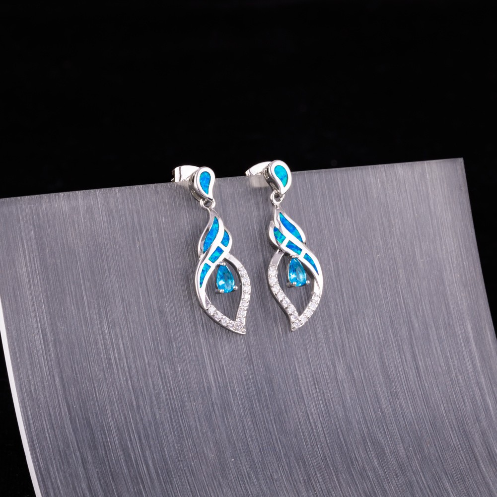 3×5 Simulated Blue Topaz Blue Fire Opal Silver Jewelry Drop Pierced Earrings