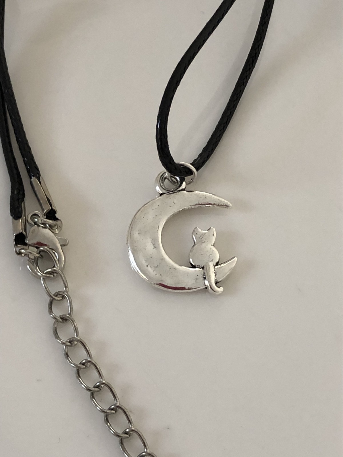 Cat Moon Crescent Genuine Leather Solid Silver Pendant Choker Necklace 45cm+5cm