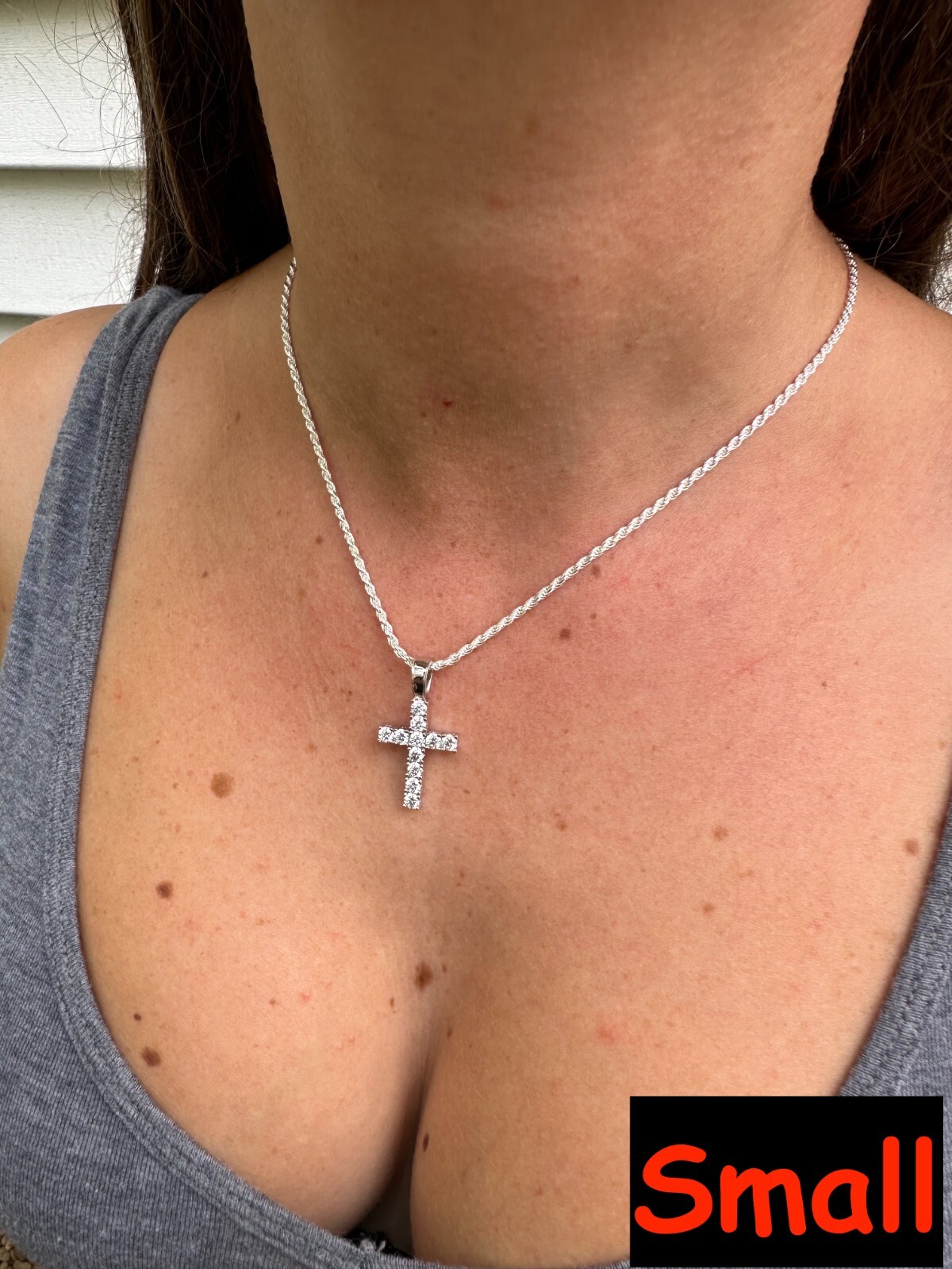 Real MOISSANITE Solid 10k White Gold Iced Tennis Cross Pendant Necklace 5 Sizes