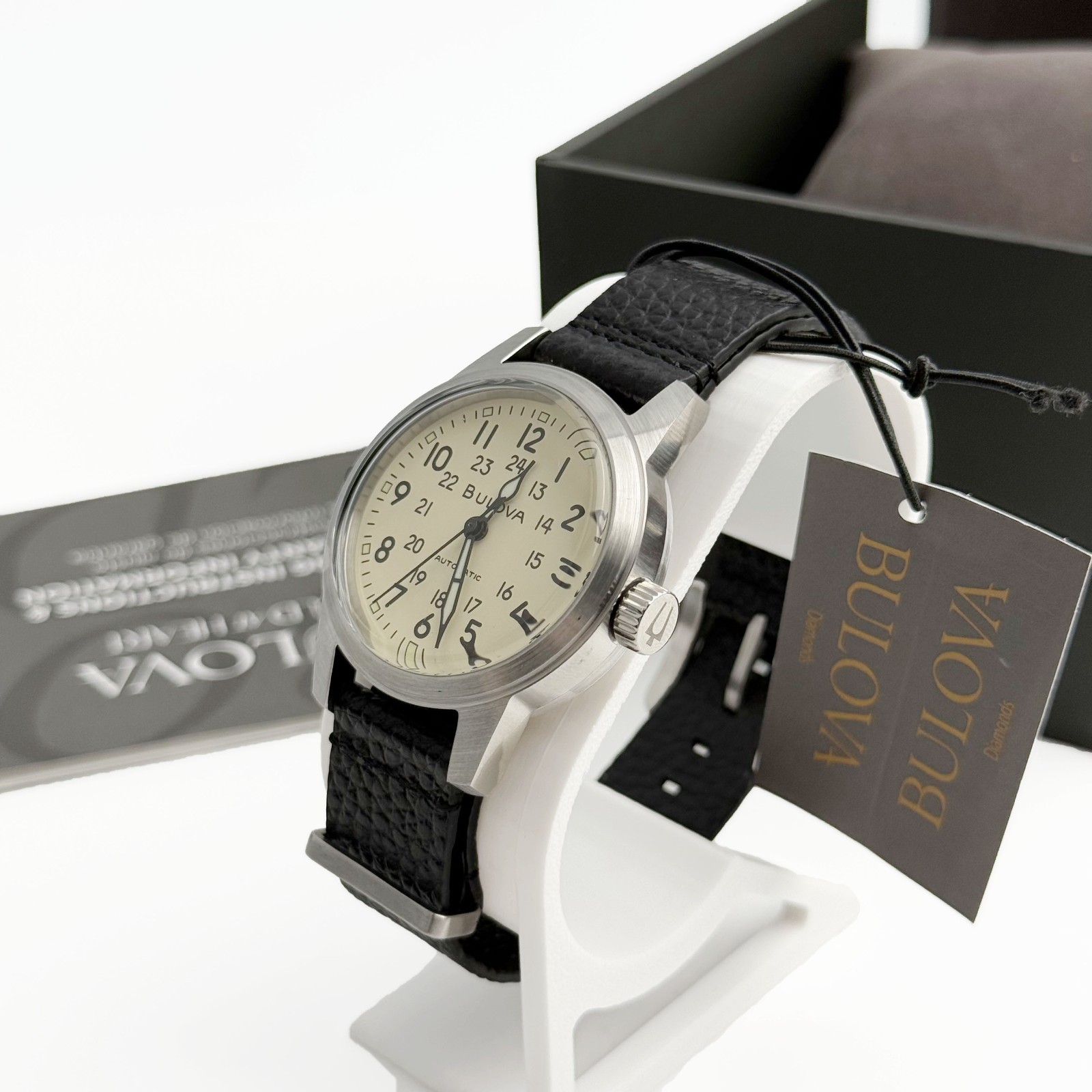 Bulova Hack 96A246 Men’s Watch Ivory Dial Automatic Black Leather Strap 38 mm