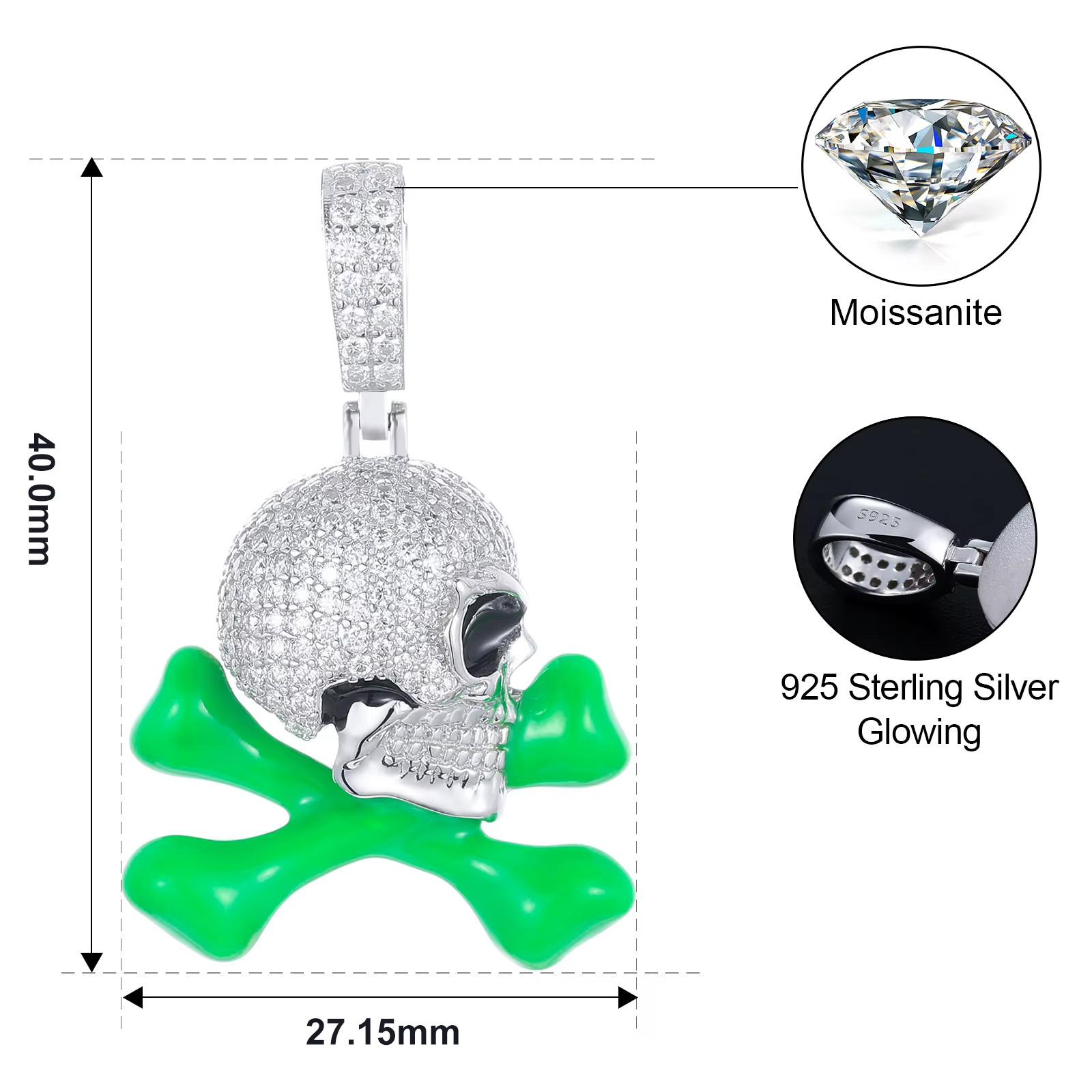 Glow in Dark Skull Crossbones Moissanite Pendant 925 Silver Iced Out Hip Hop