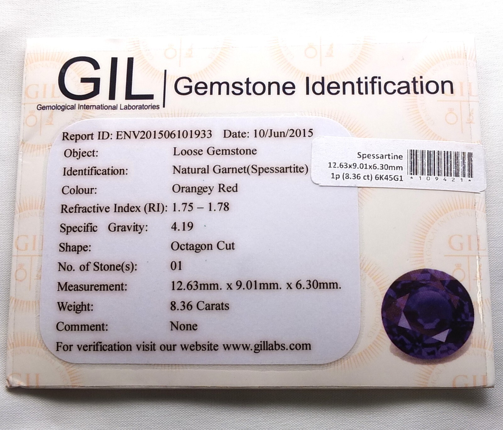 SHOLA GIL Certified 8.36 Ct Natural Deep Red Spessartine Mandarin Garnet